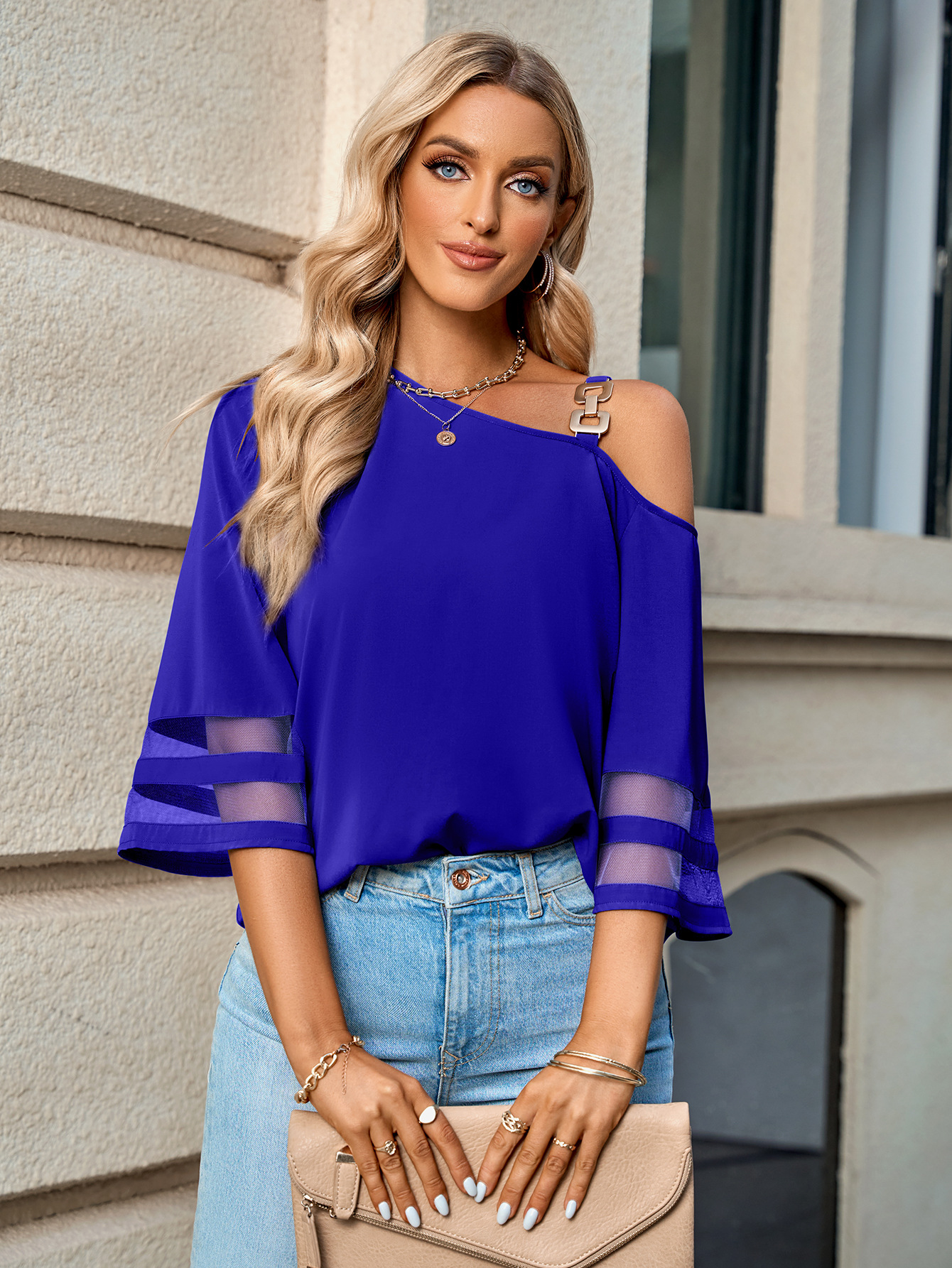 Casual Solid Color Metal Buckle One Shoulder Women's Top