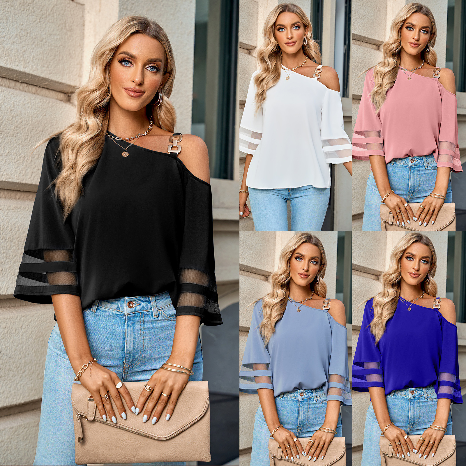 Casual Solid Color Metal Buckle One Shoulder Women's Top