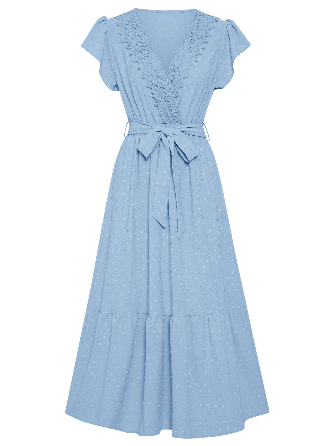 Casual tie-waist lace V-neck dress