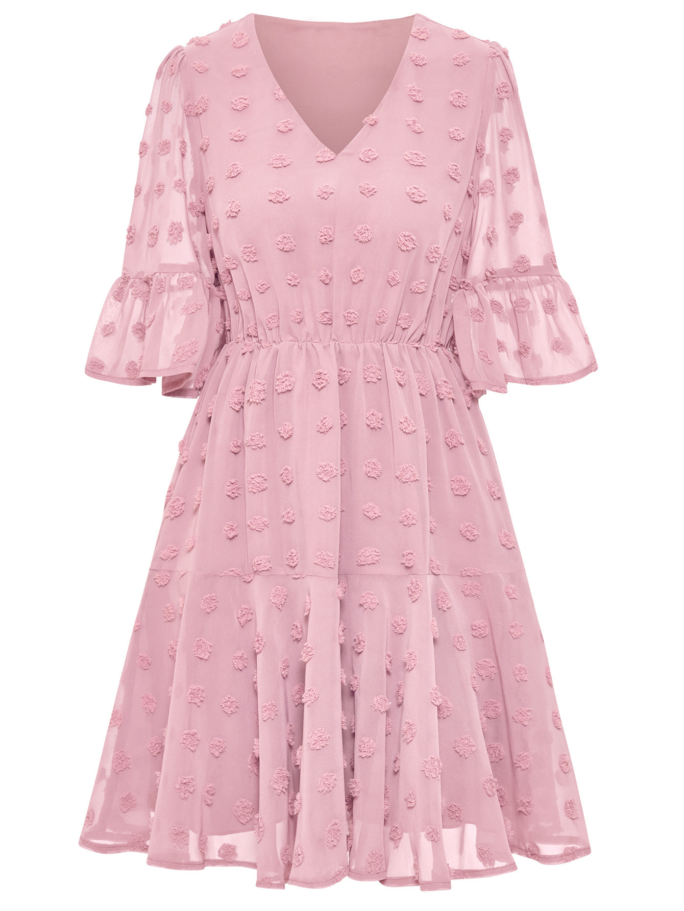 Casual V-neck solid color waist short-sleeved dress