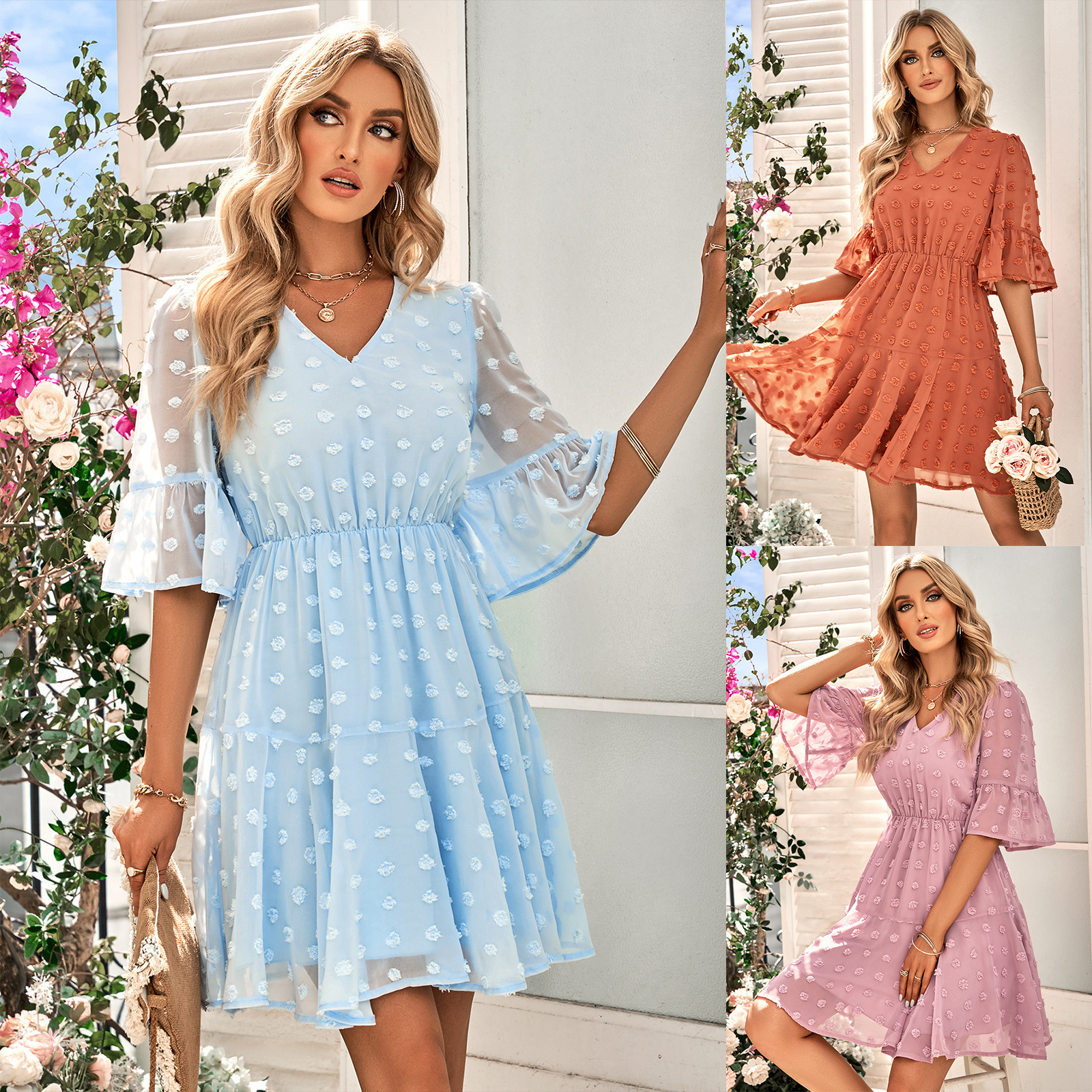 Casual V-neck solid color waist short-sleeved dress