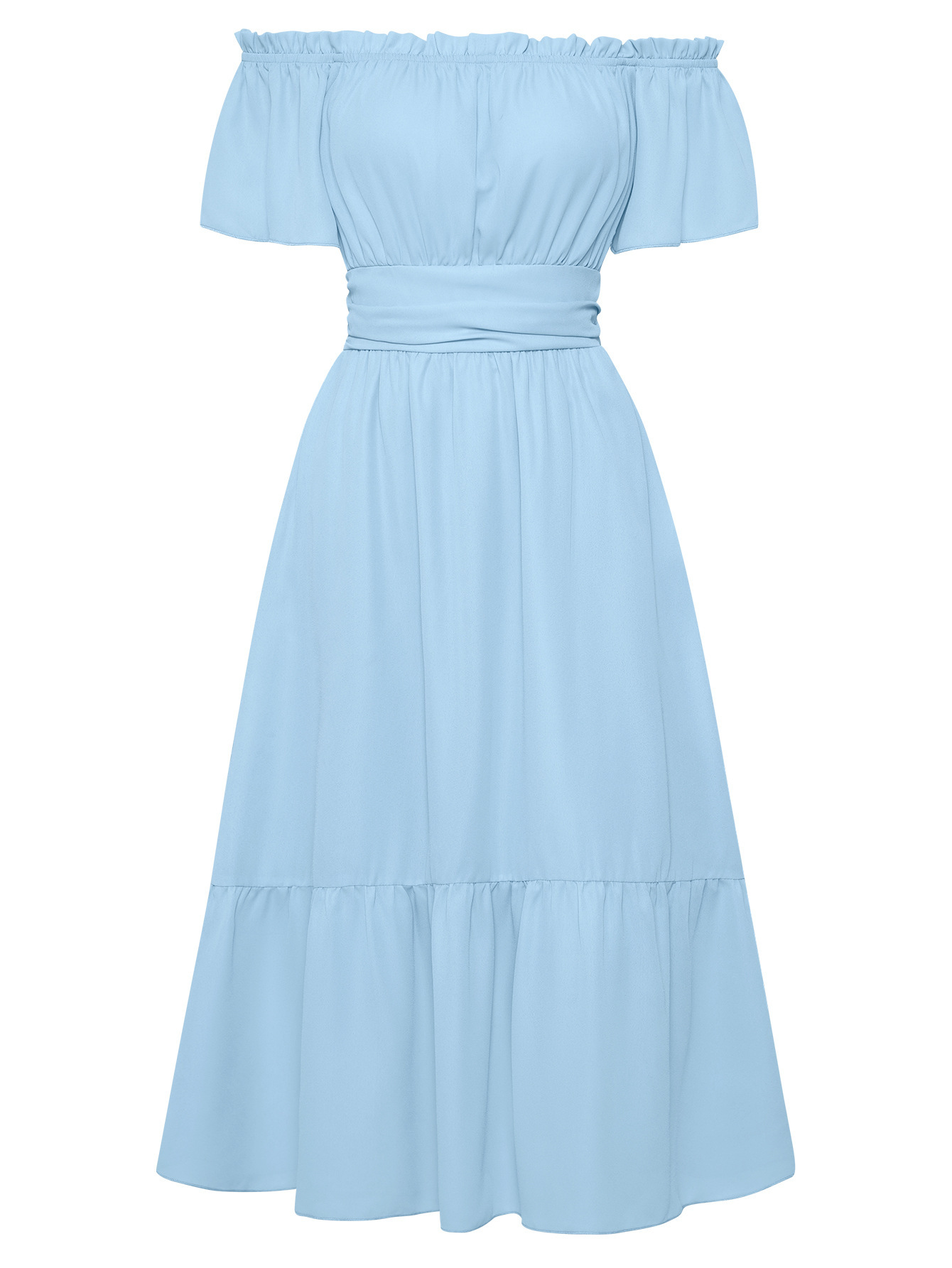 One shoulder pure color waist fresh long dress