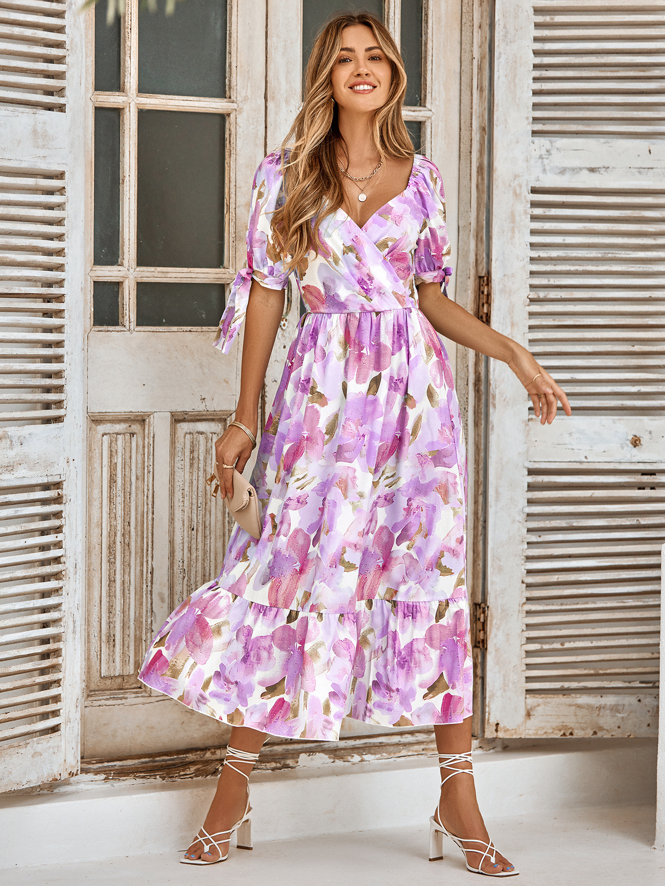 Printed waist puff sleeve V-neck dress