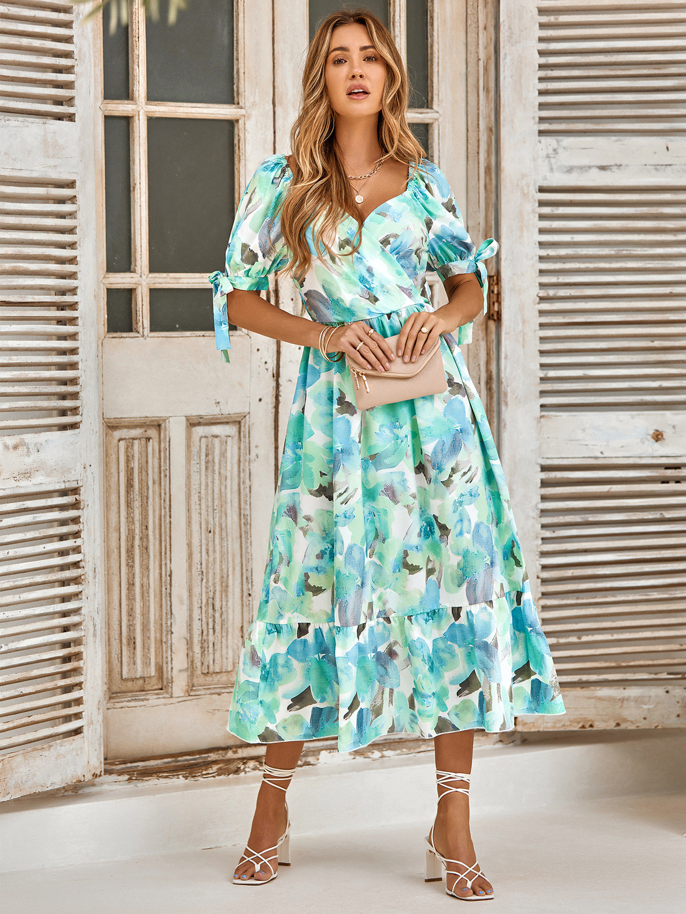 Printed waist puff sleeve V-neck dress