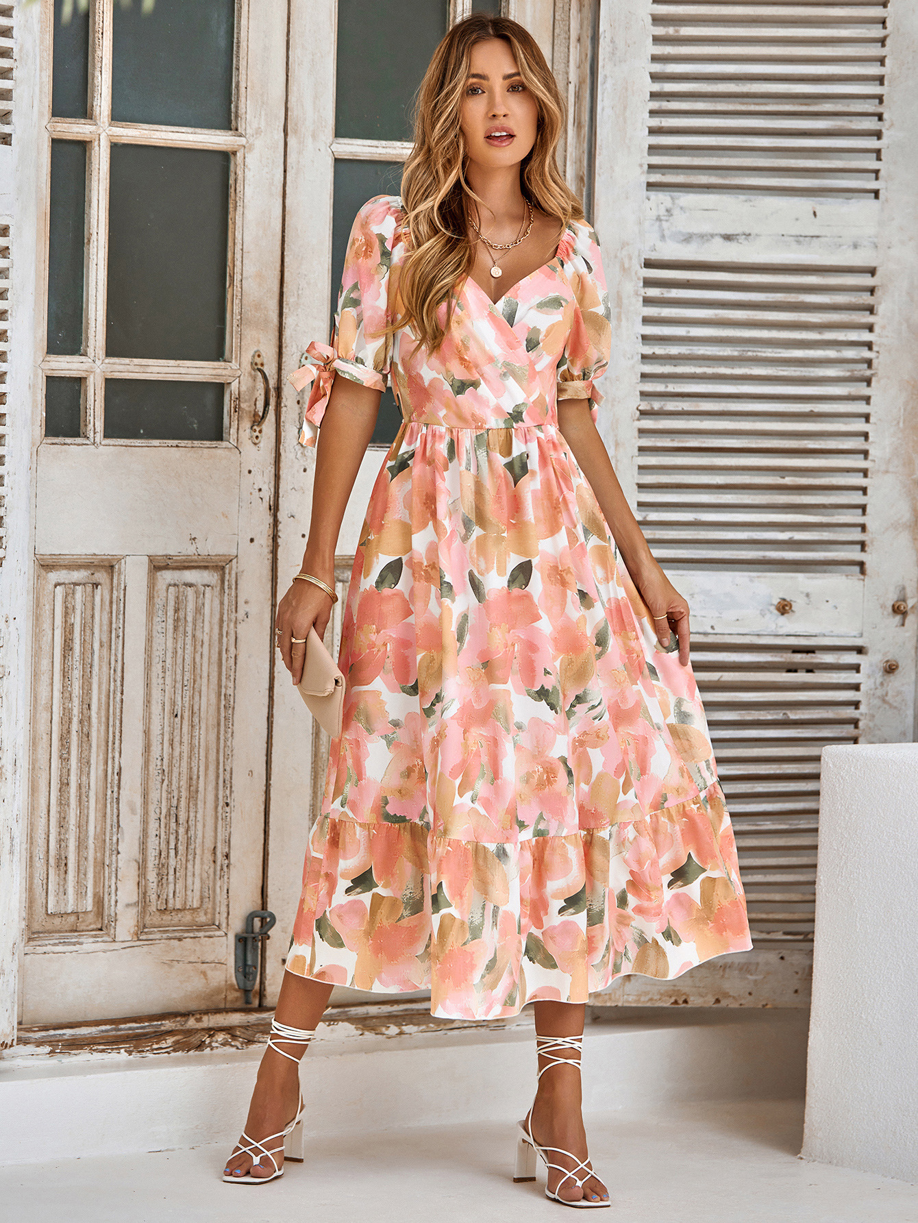 Printed waist puff sleeve V-neck dress