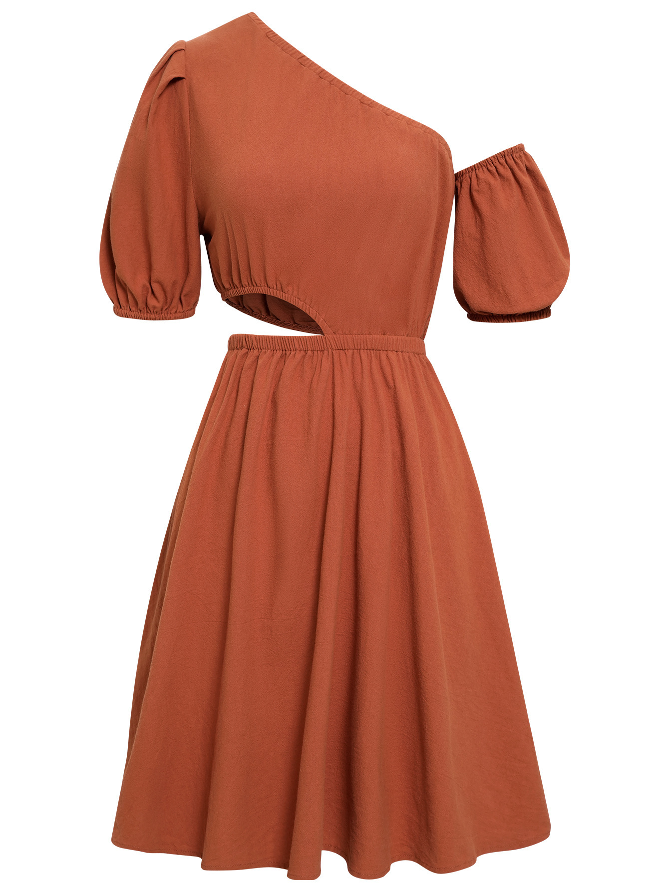 Slant collar hollow solid color waist dress