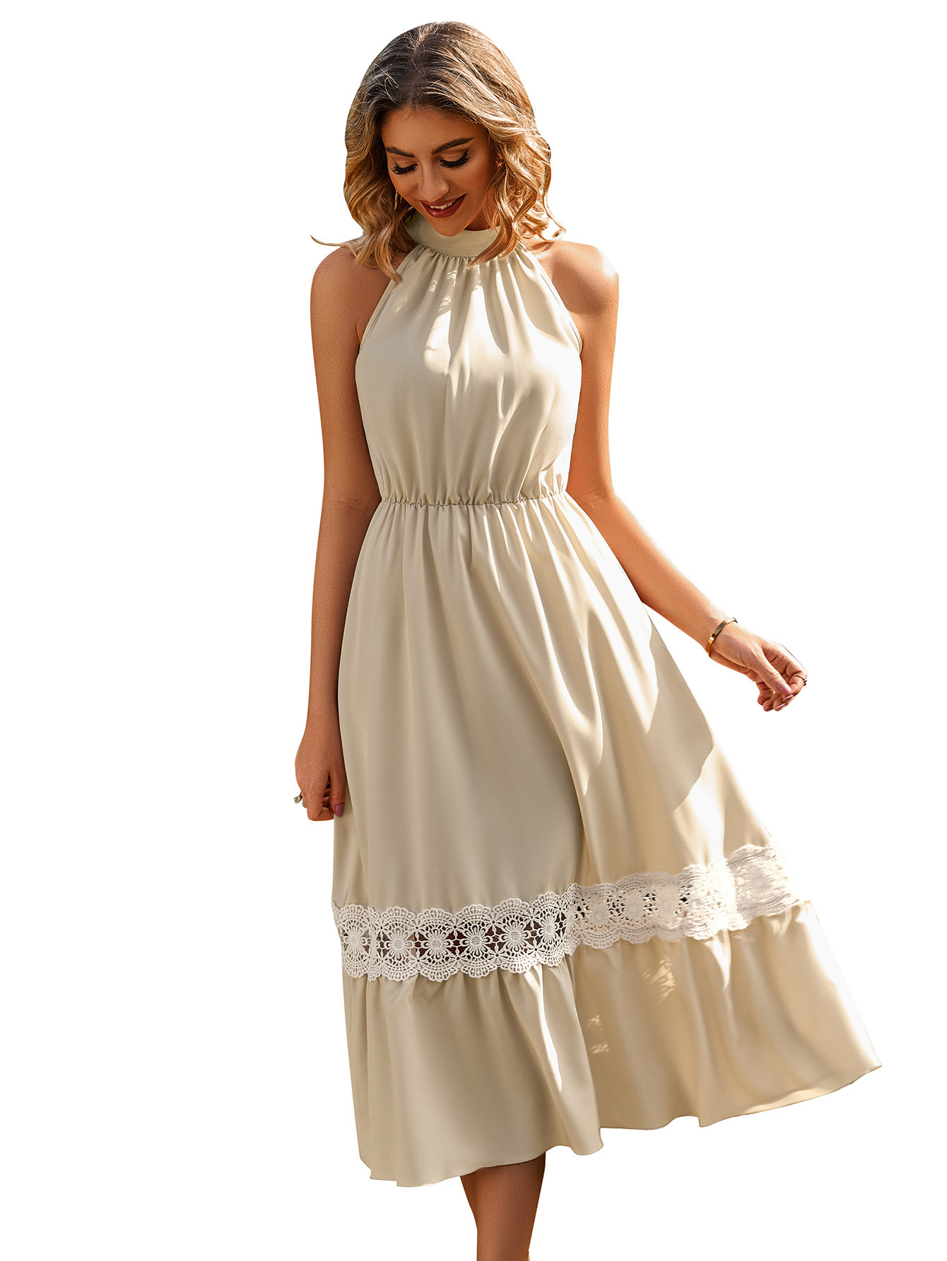 Sleeveless halterneck lace dress