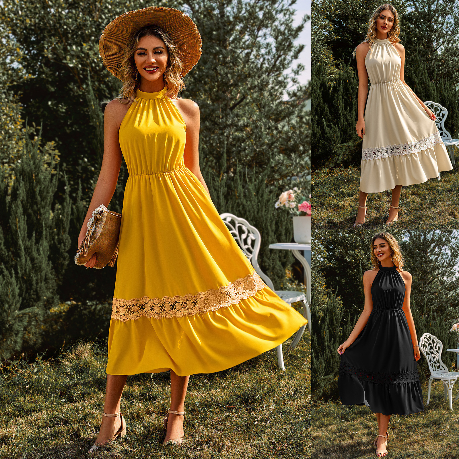 Sleeveless halterneck lace dress