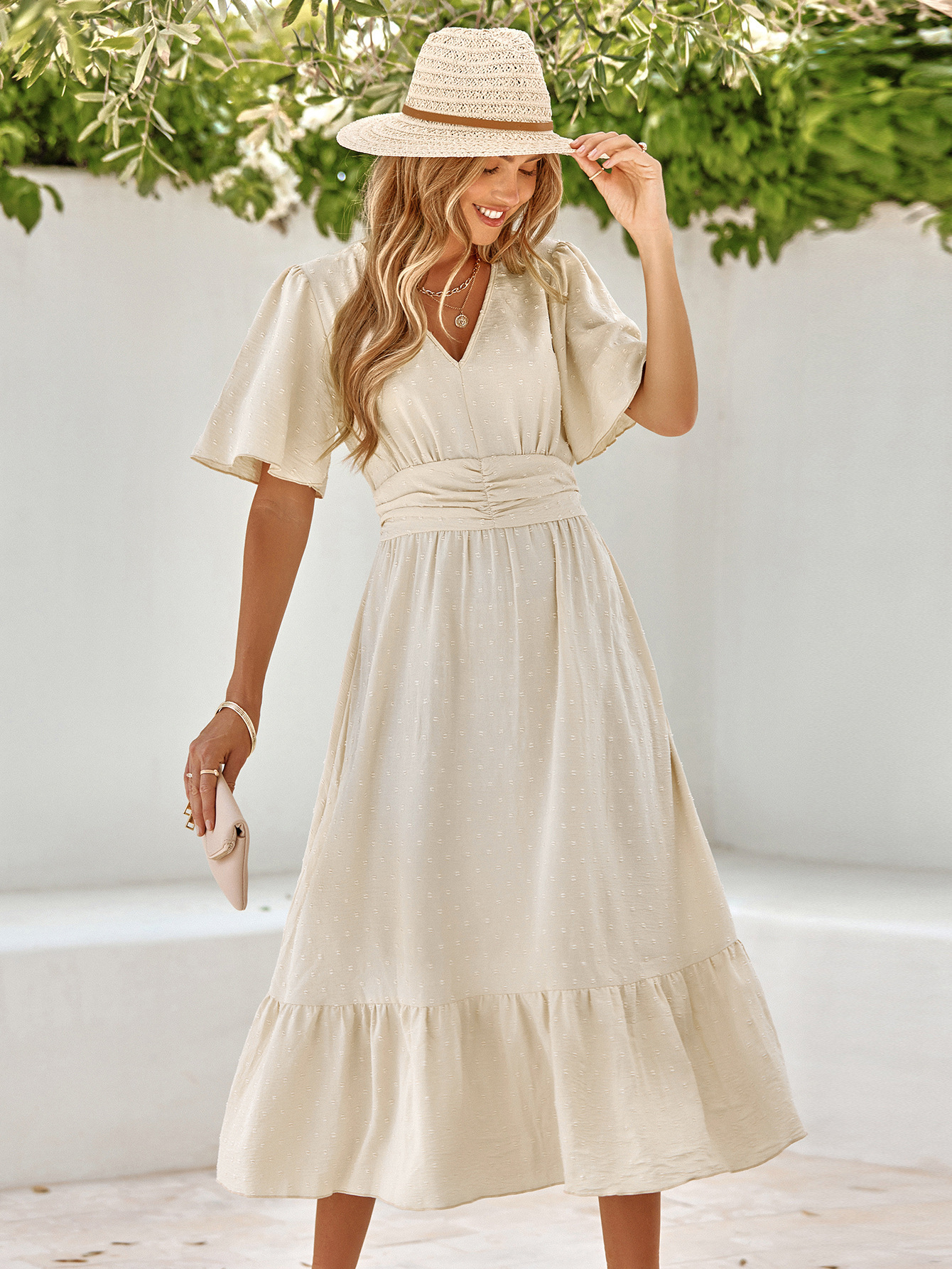 V-neck ruffle sleeve solid color long dress