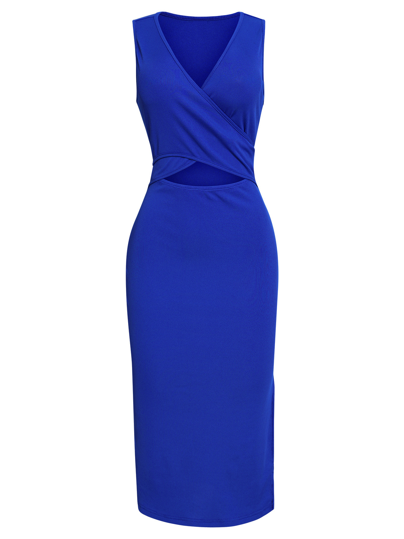 V-neck solid color hollow sleeveless hip wrap dress