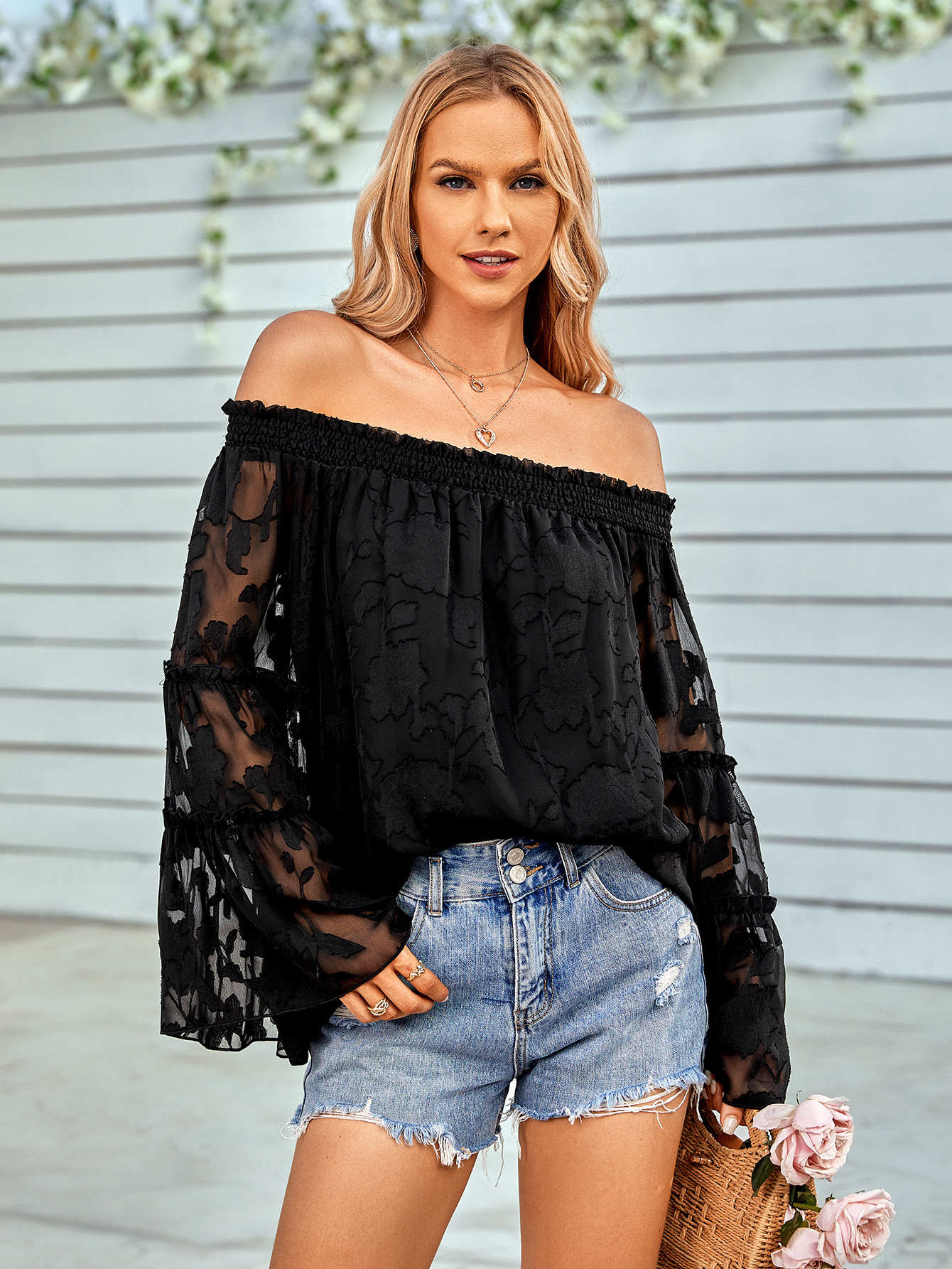 women's off shoulder long sleeve chiffon top