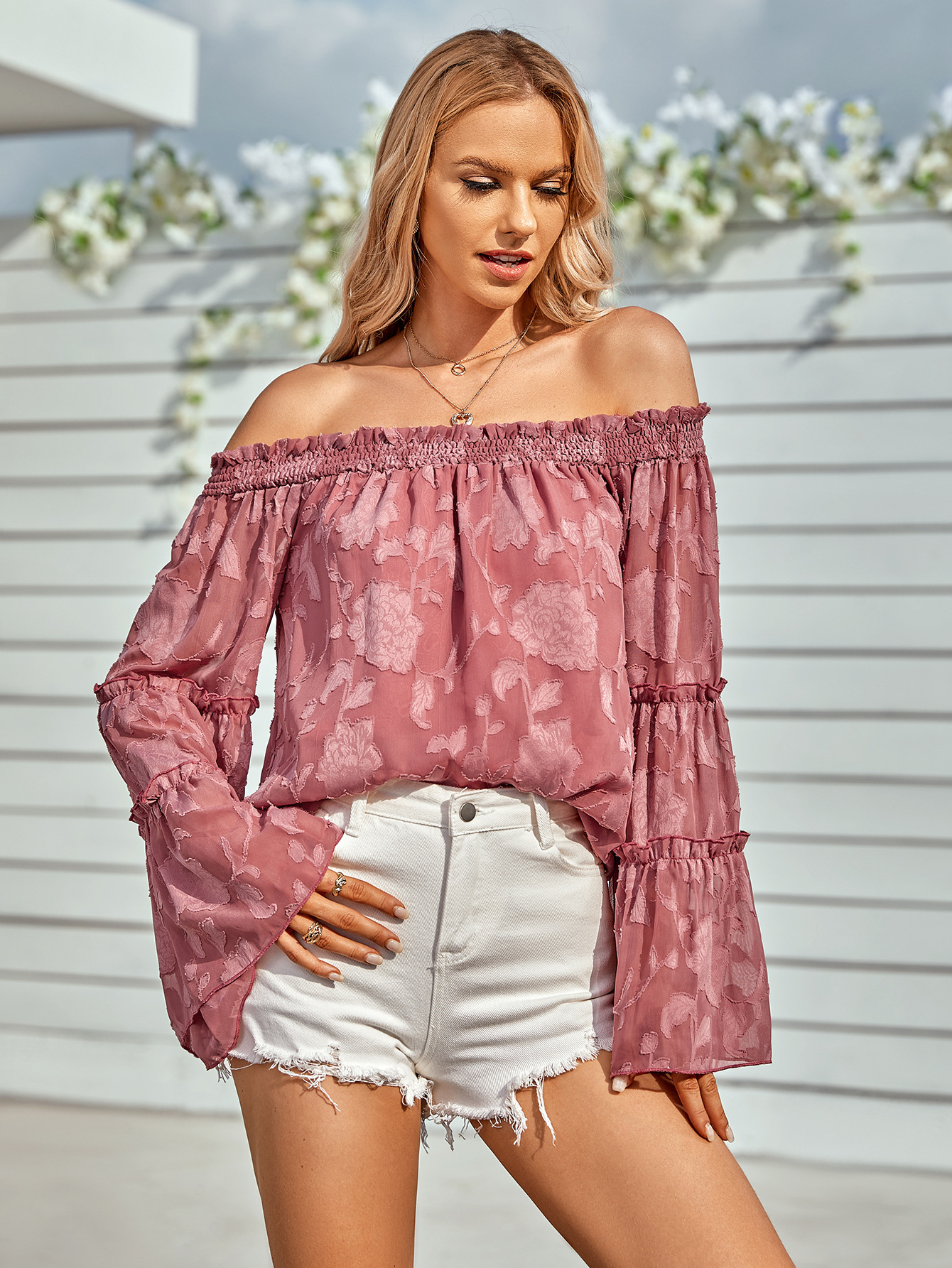 women's off shoulder long sleeve chiffon top