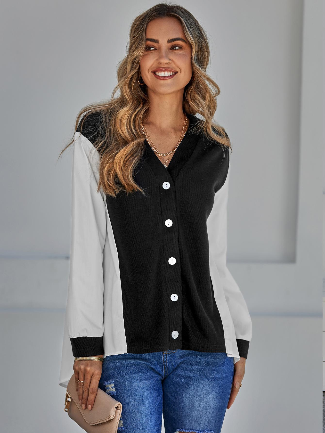 Casual single-breasted V-neck shirt with contrasting colors