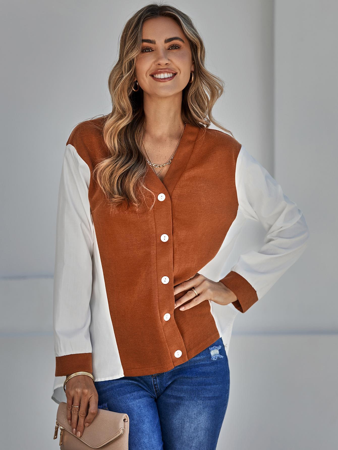 Casual single-breasted V-neck shirt with contrasting colors