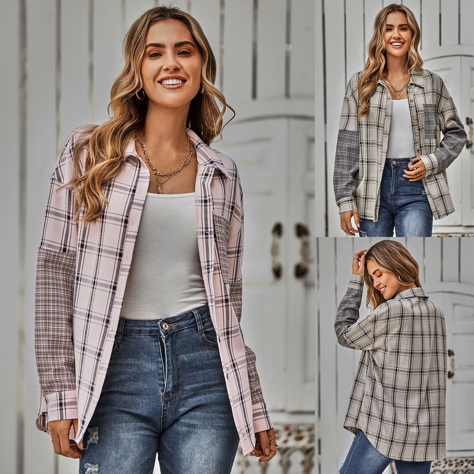 Explosive style single-breasted plaid stitching shirt