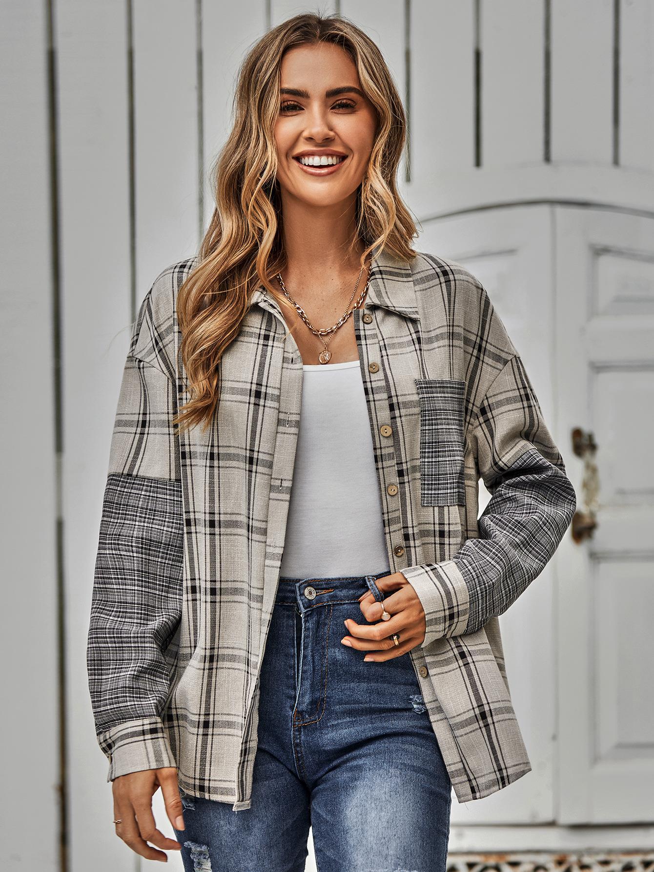 Explosive style single-breasted plaid stitching shirt