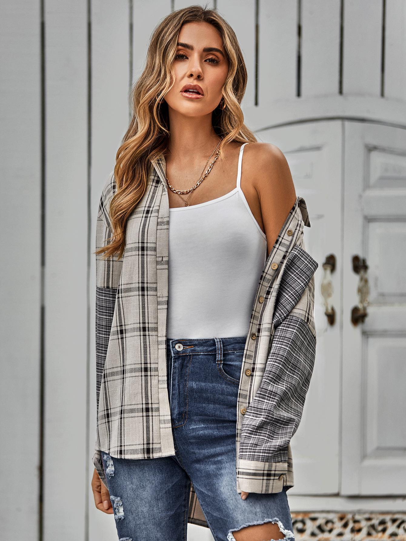Explosive style single-breasted plaid stitching shirt