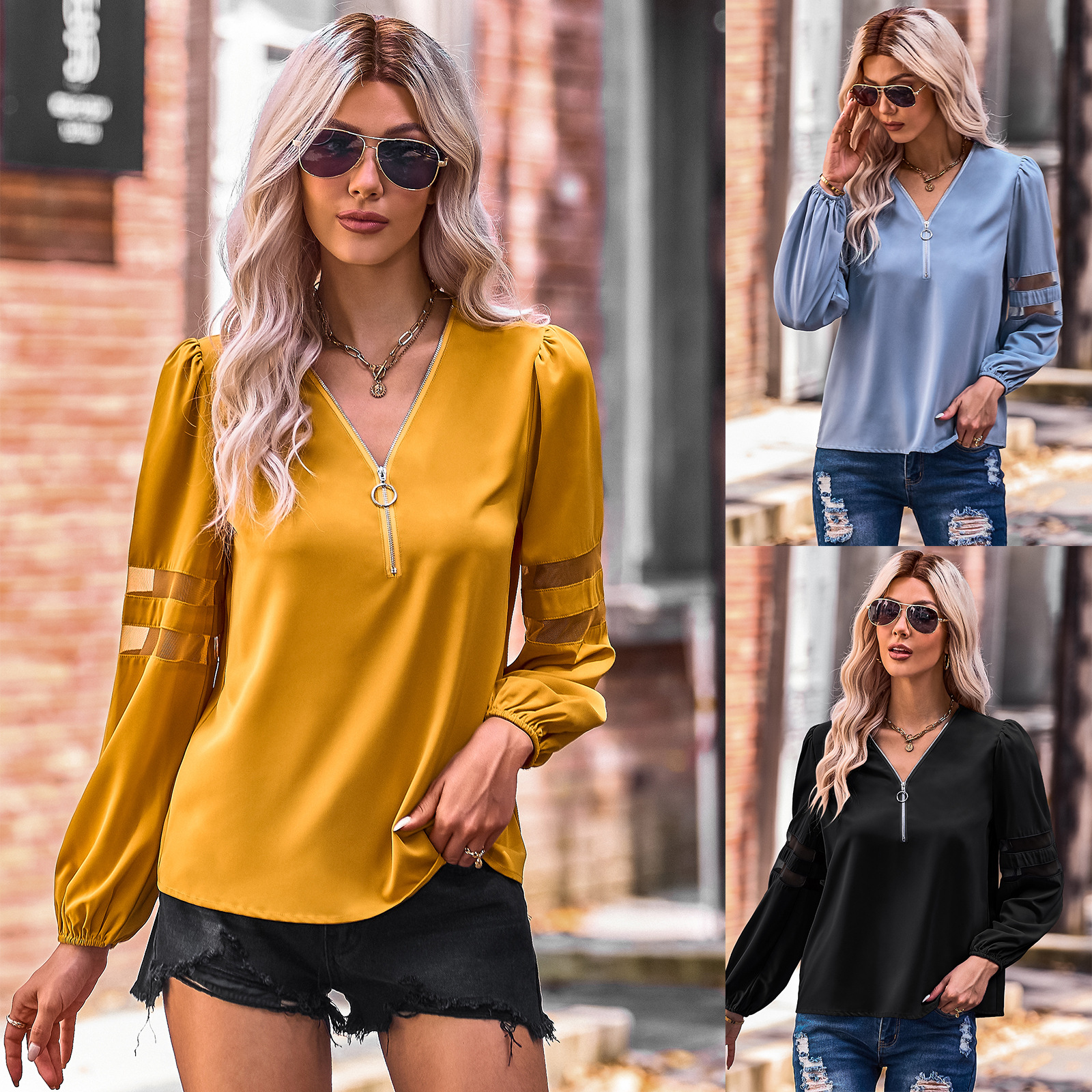 Fashion hollow V-neck pullover shirt