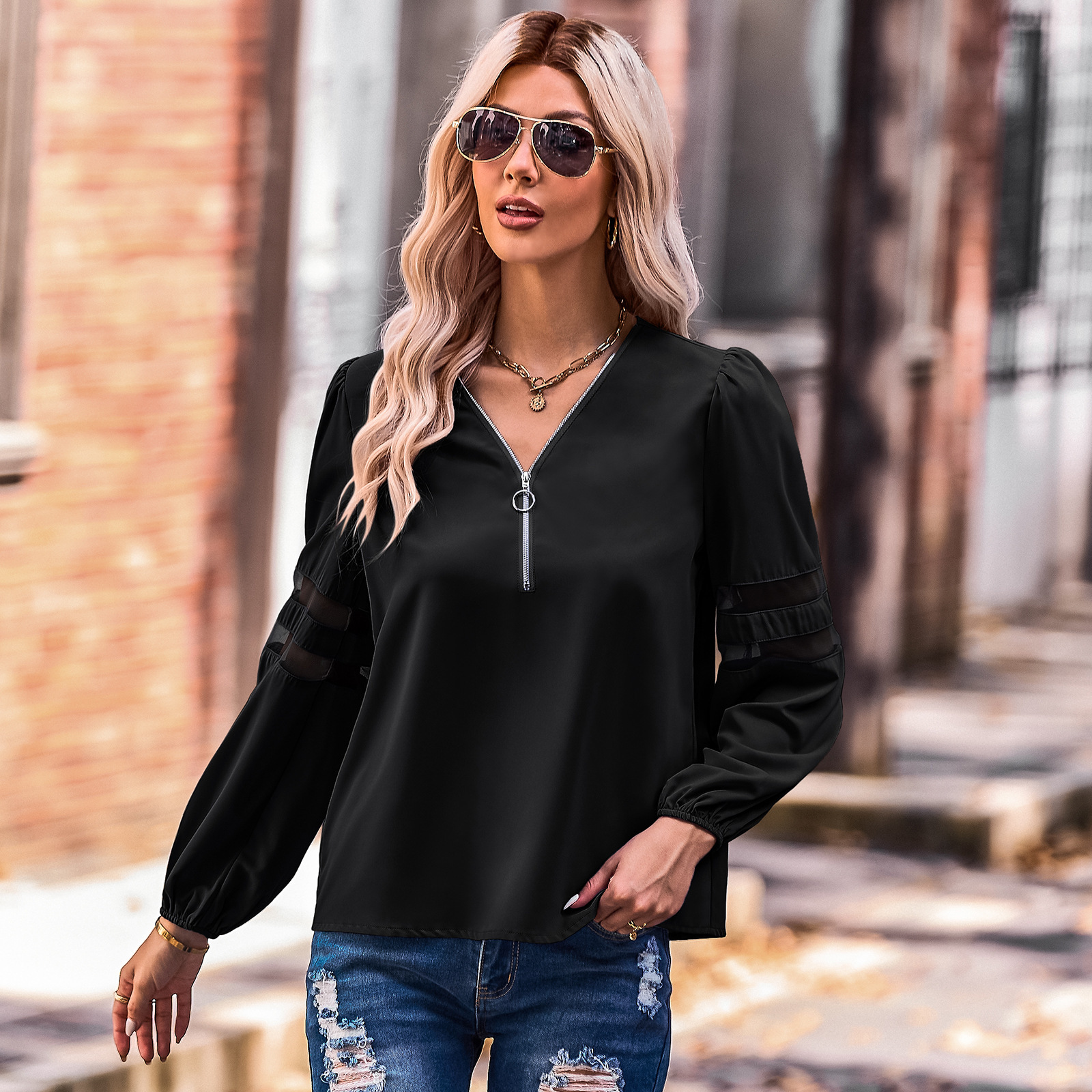 Fashion hollow V-neck pullover shirt