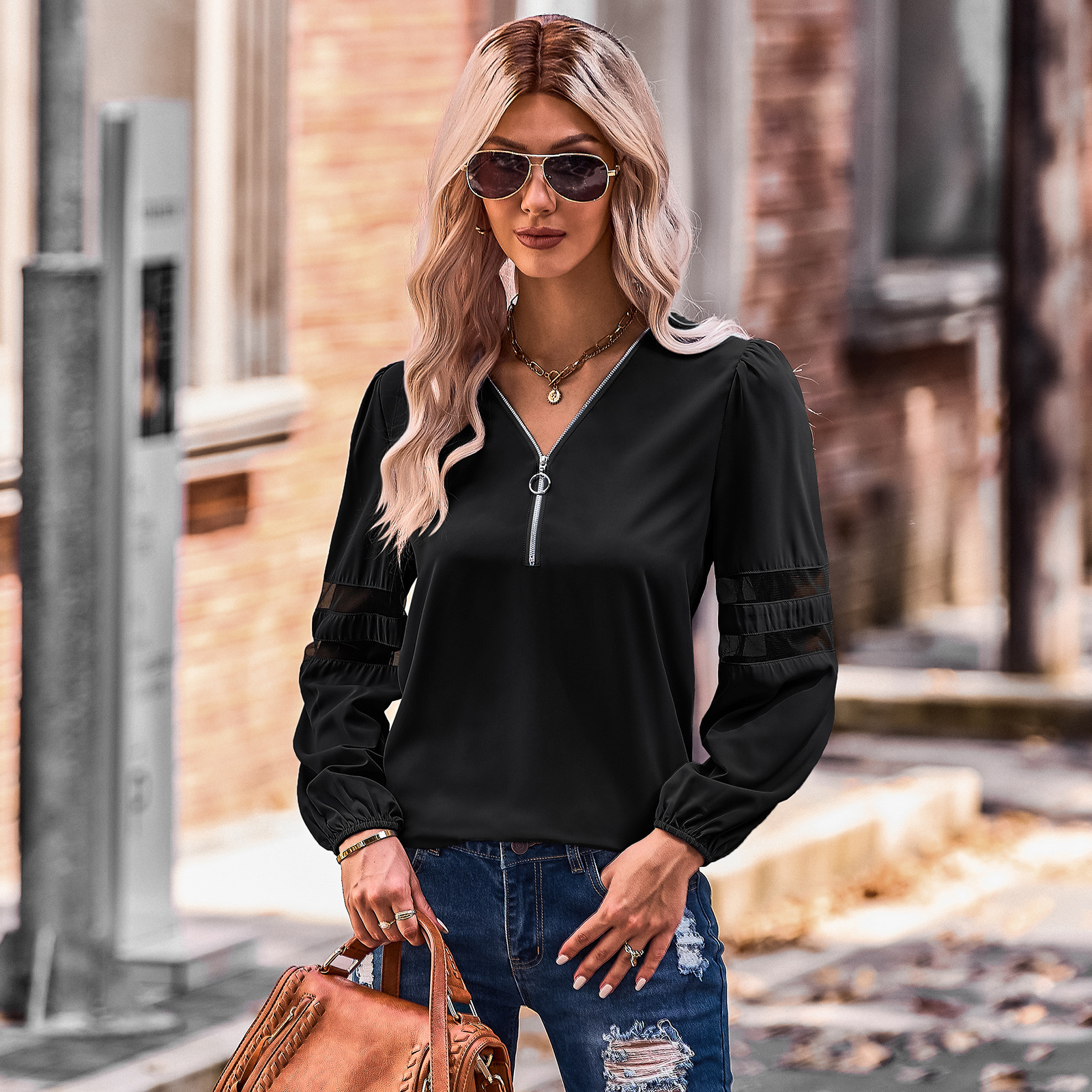 Fashion hollow V-neck pullover shirt