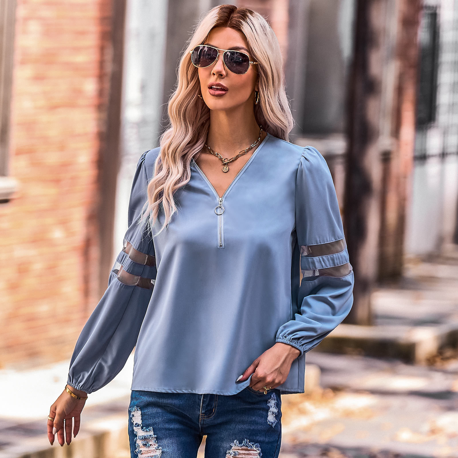 Fashion hollow V-neck pullover shirt