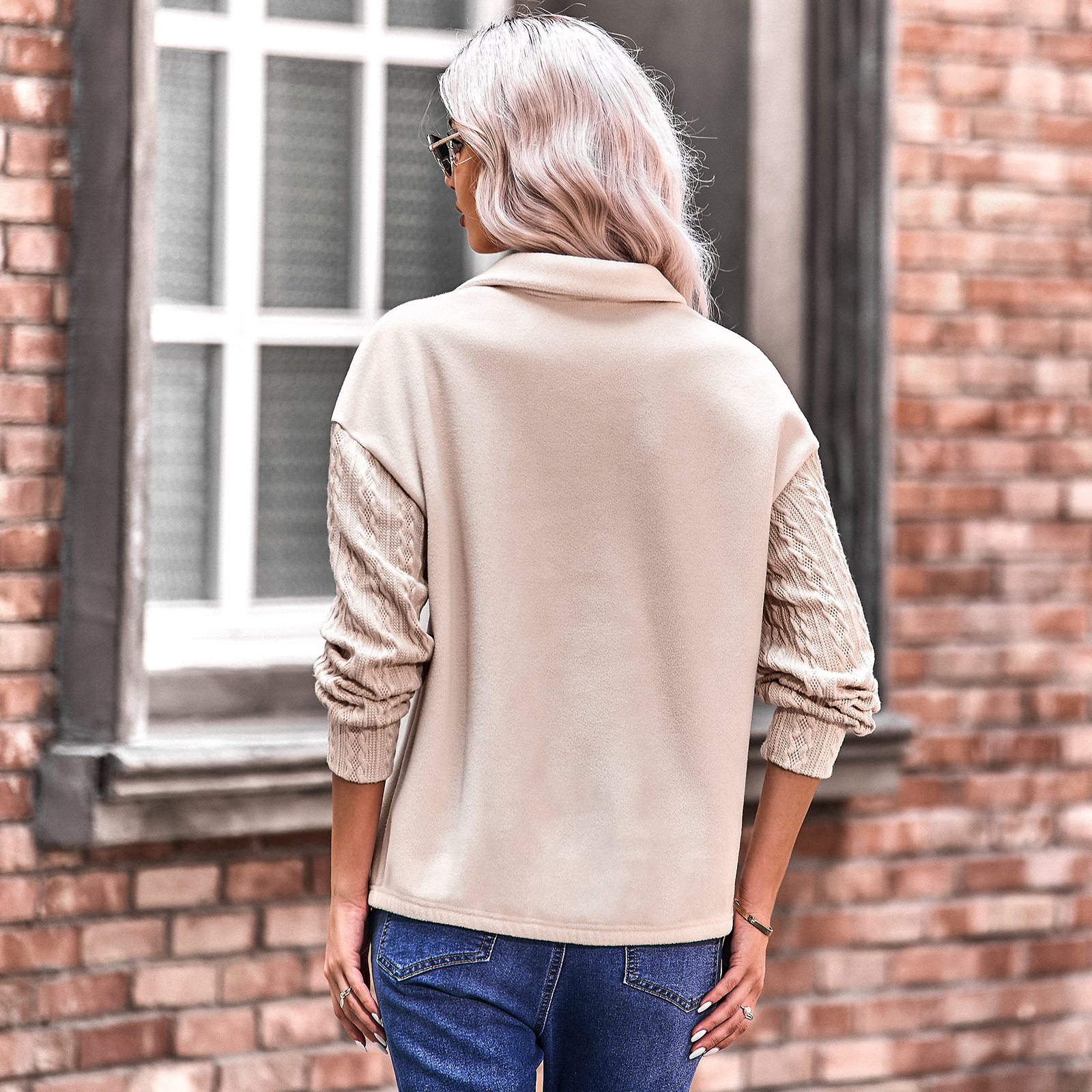 Knit sleeves solid color all-fit hoodie