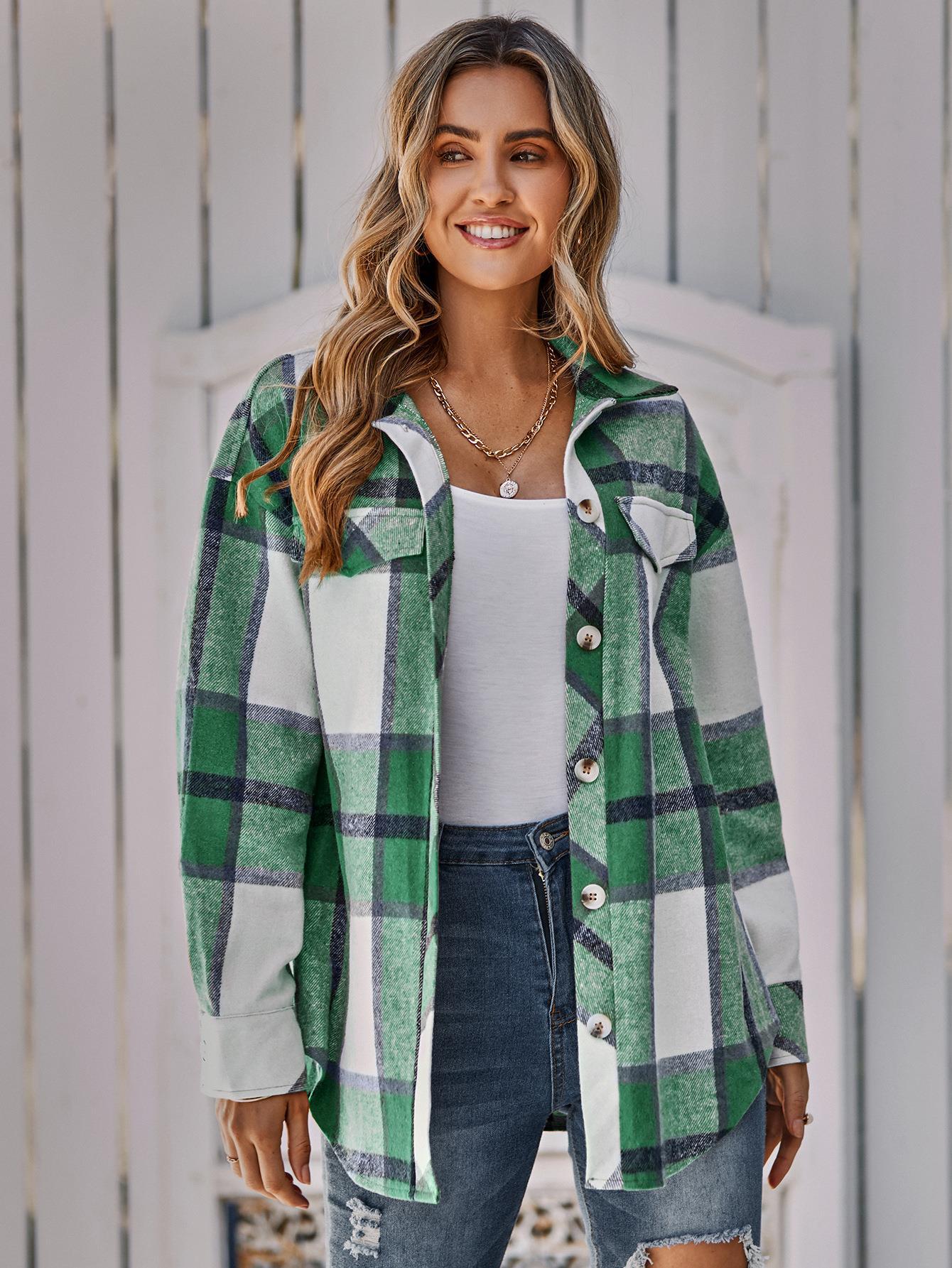 Ladies Single Breasted Casual Plaid Jacket