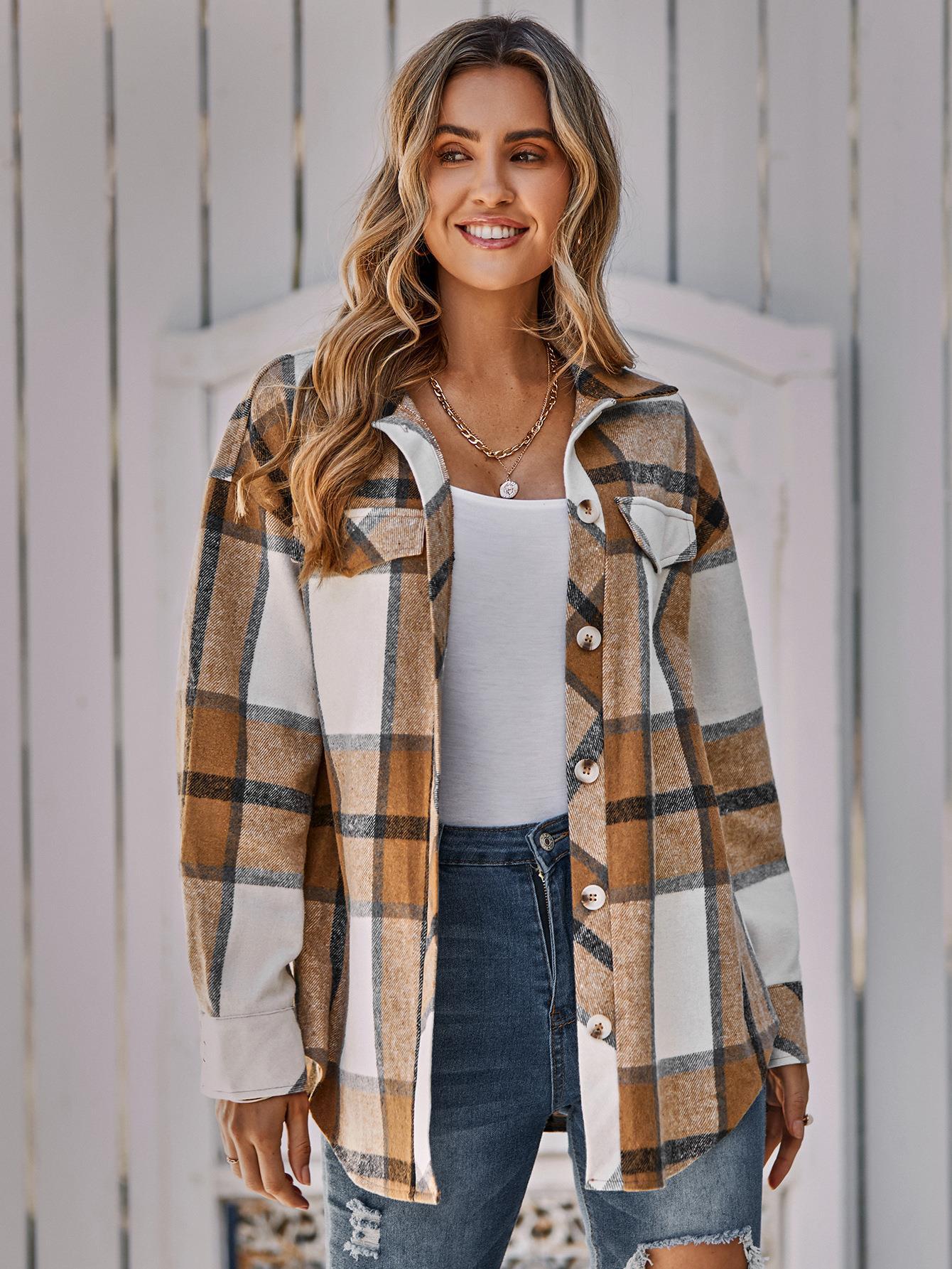 Ladies Single Breasted Casual Plaid Jacket