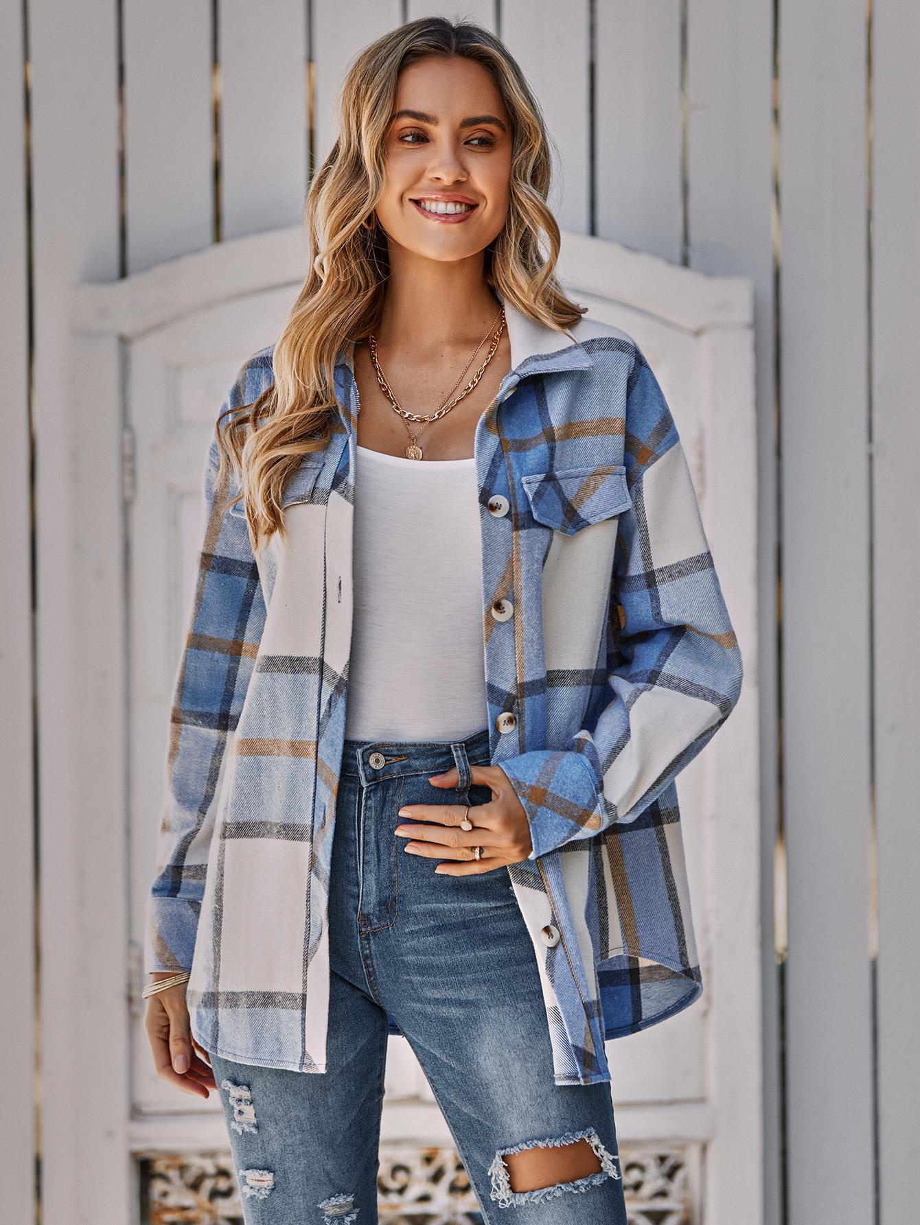 Ladies Single Breasted Casual Plaid Jacket