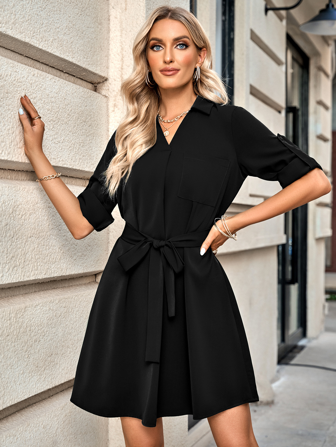 Lapel Collar Half Sleeve Belt Dress