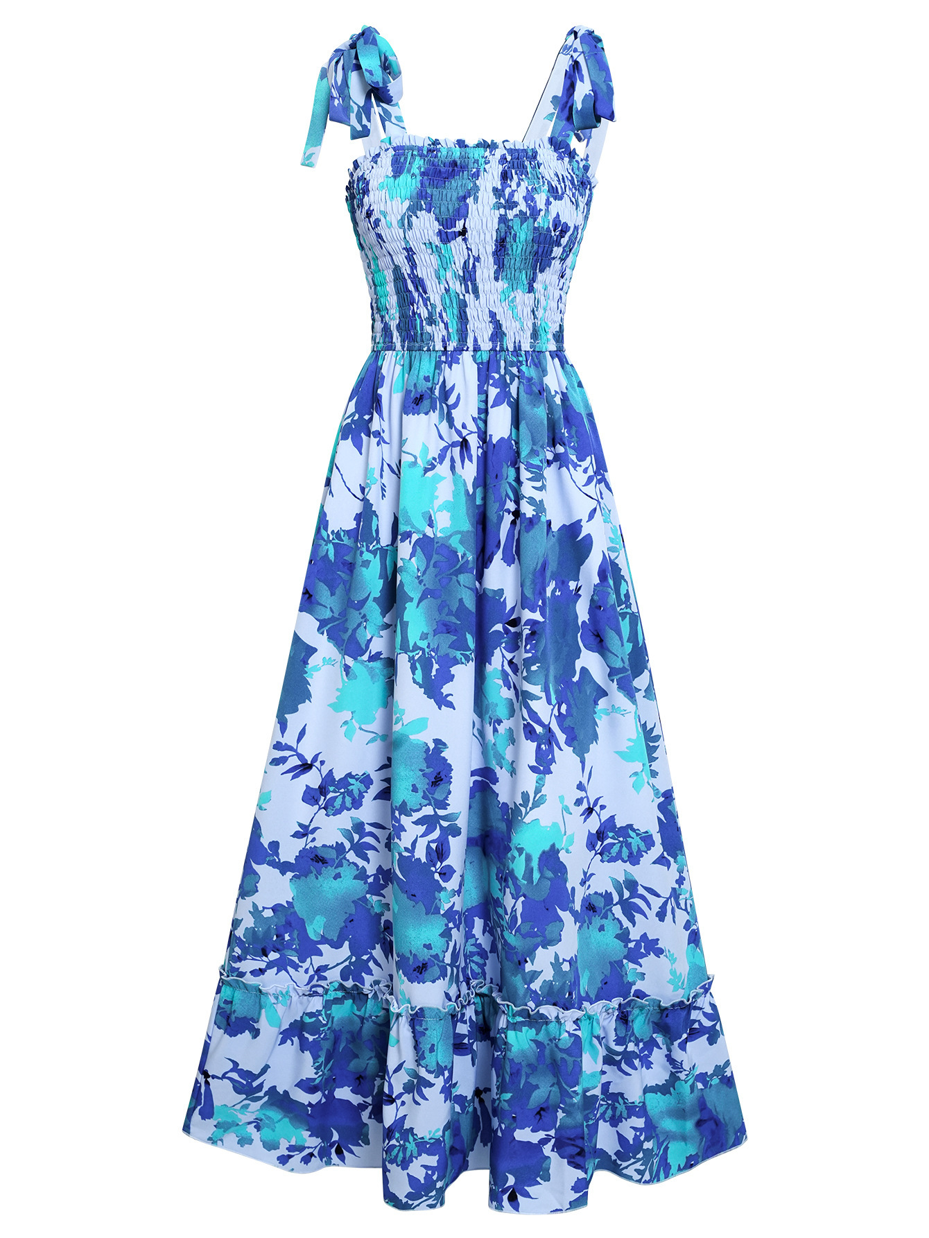Printed Waist Sleeveless Tie Long Dress