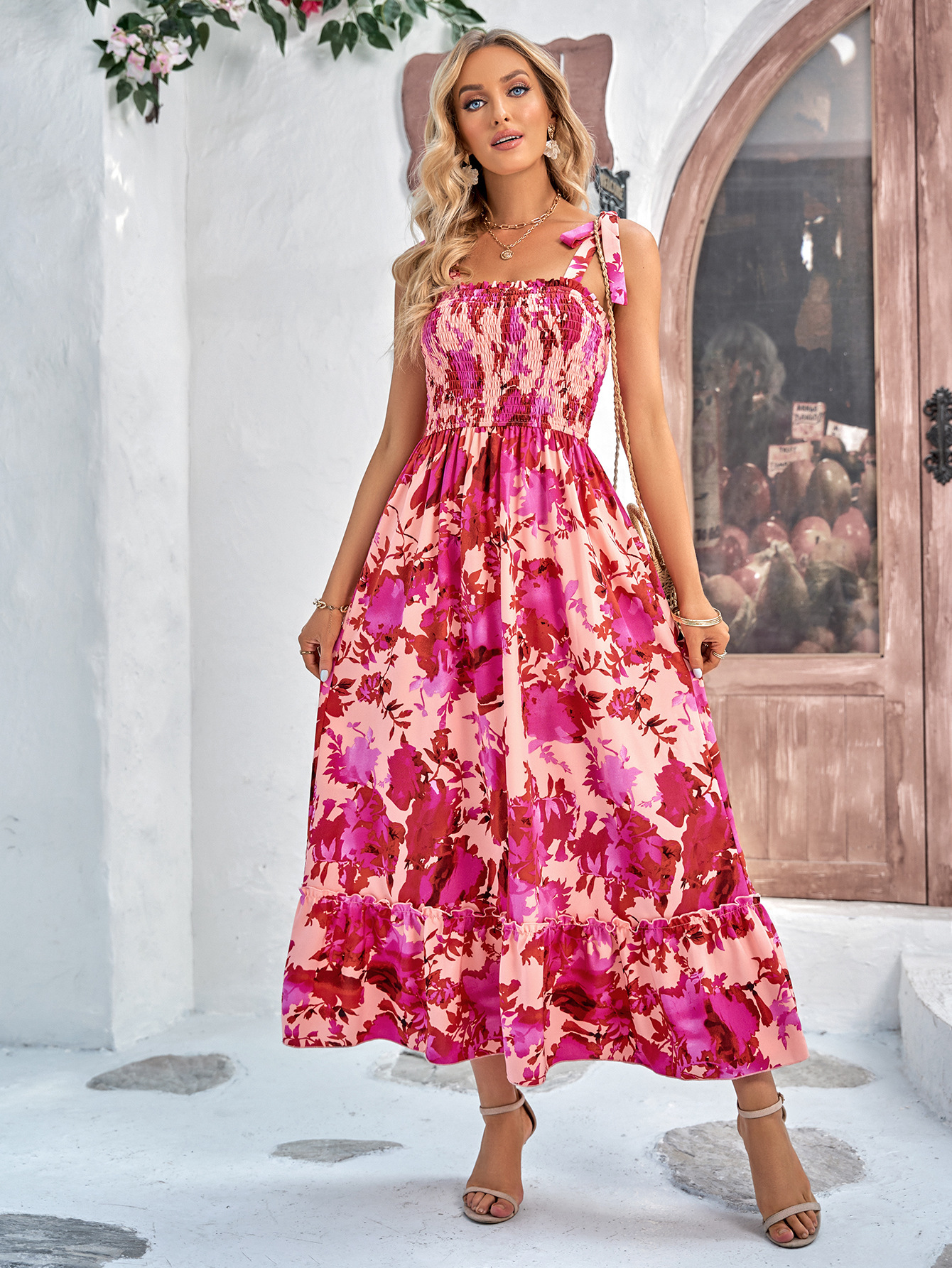 Printed Waist Sleeveless Tie Long Dress
