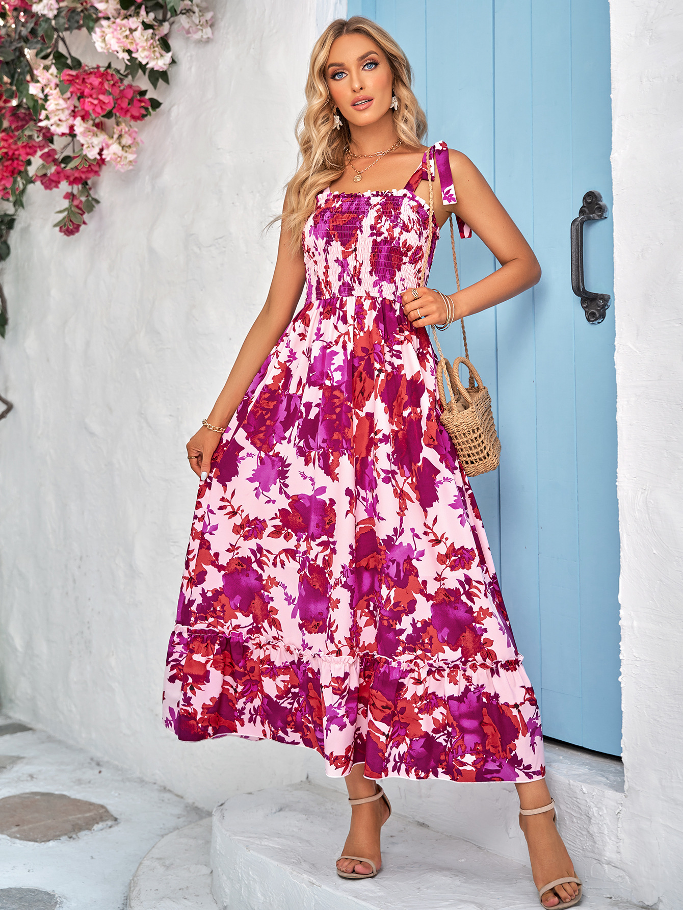 Printed Waist Sleeveless Tie Long Dress