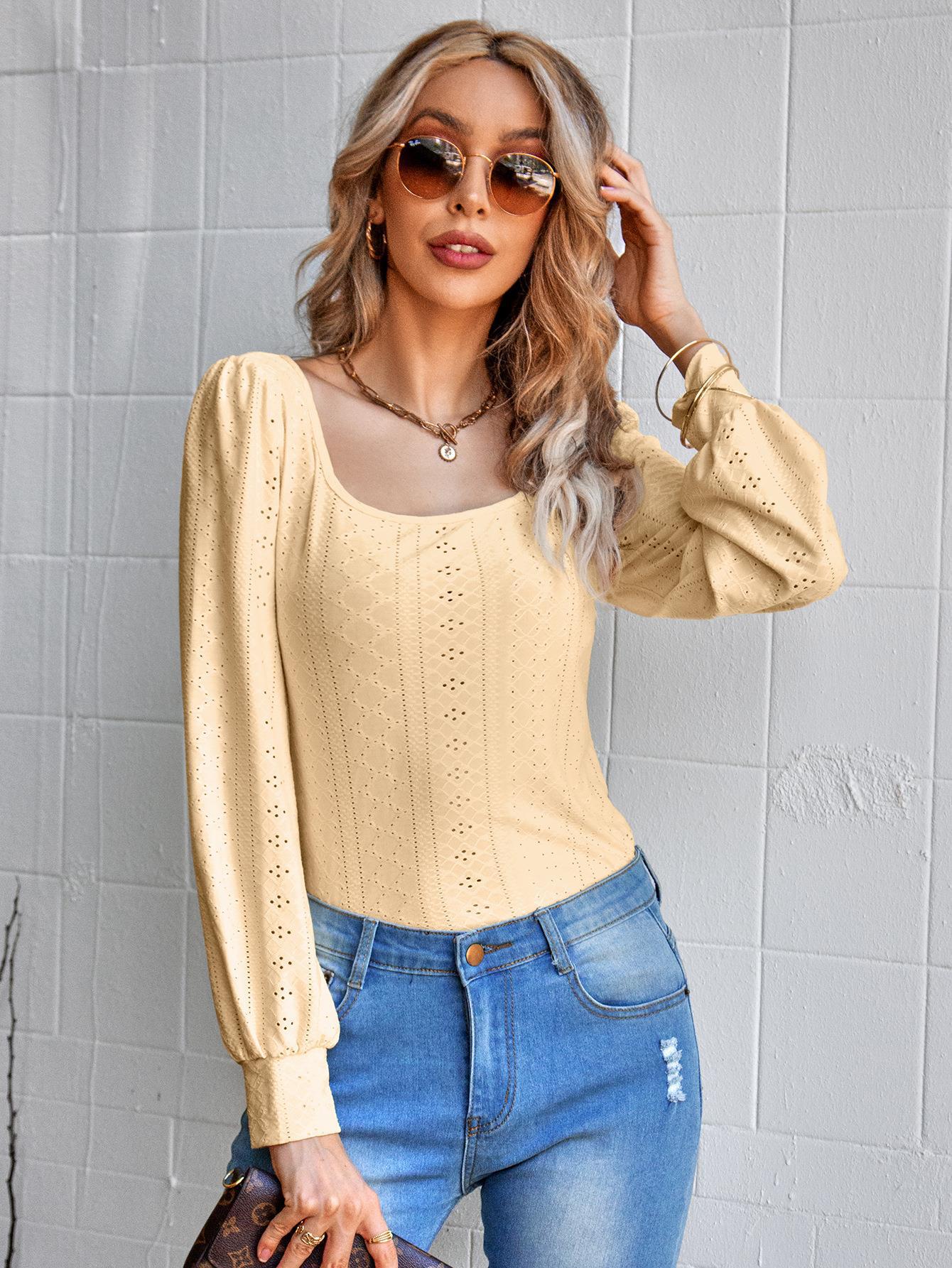 Solid color U-neck open-knit top
