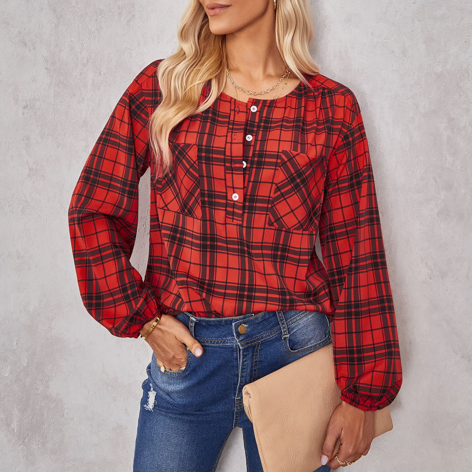 Trendy plaid crewneck shirt tide
