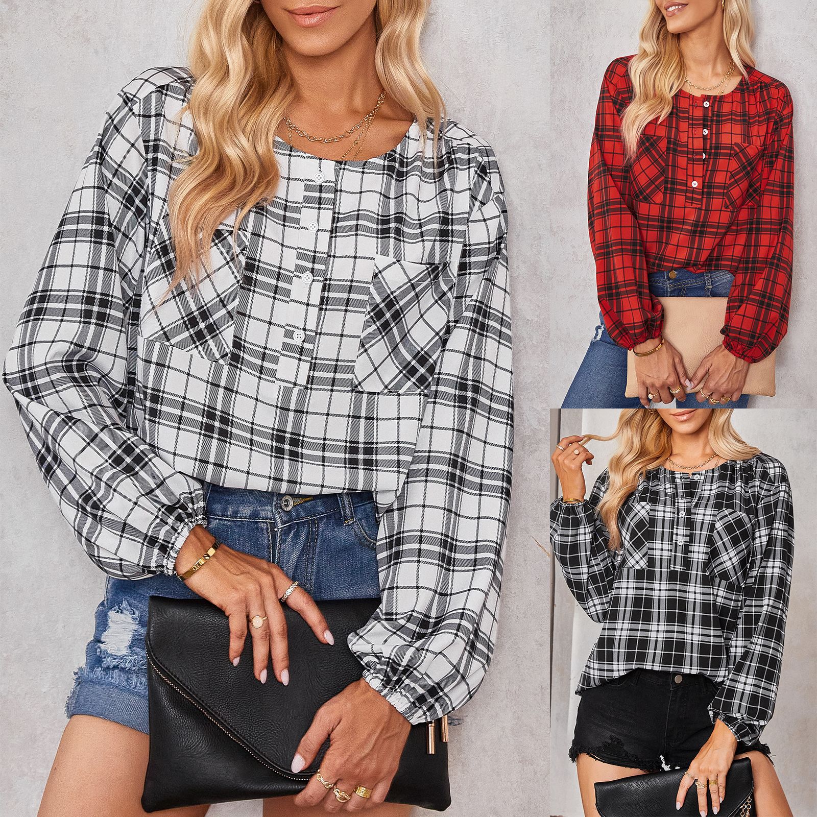 Trendy plaid crewneck shirt tide