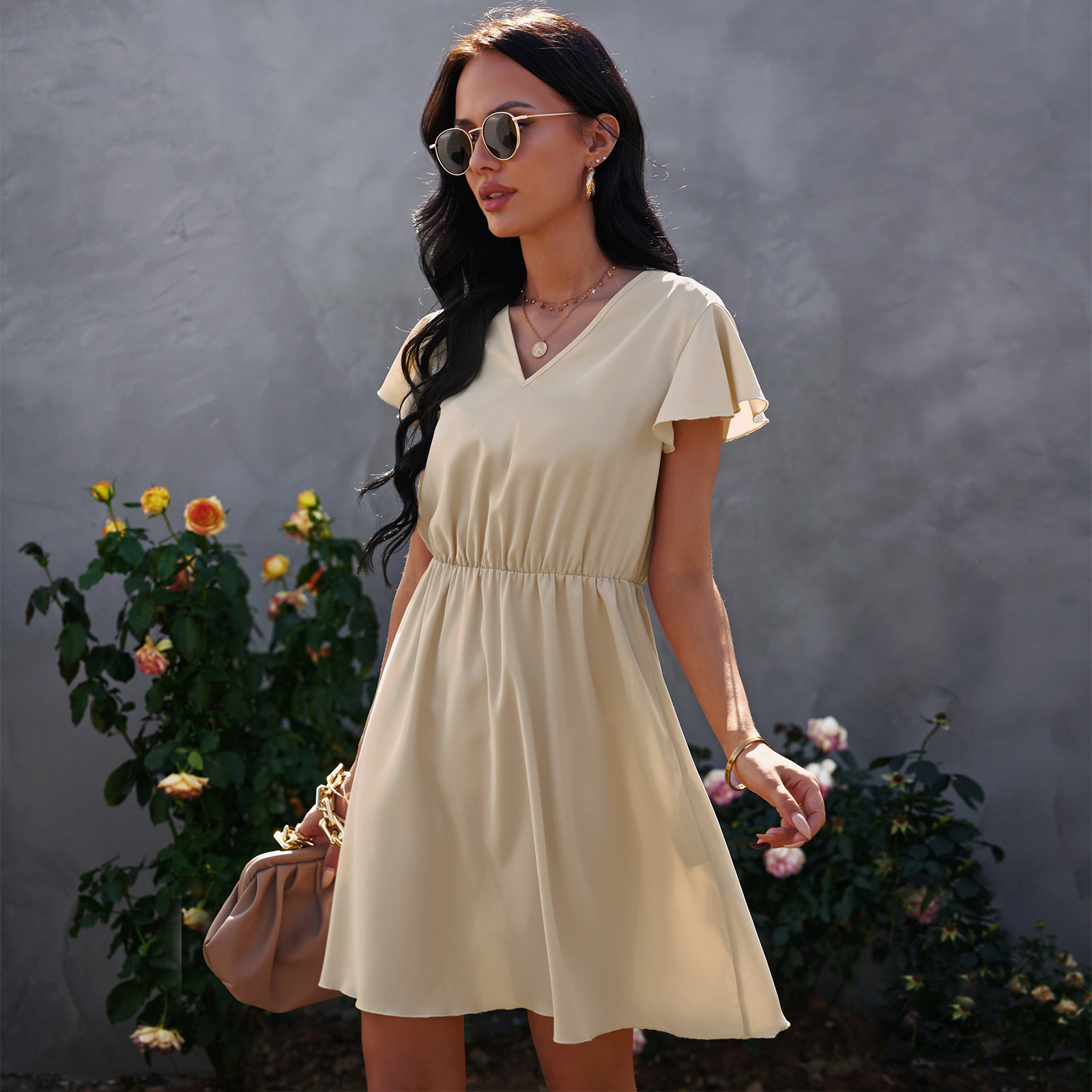 V-neck lace chiffon dress