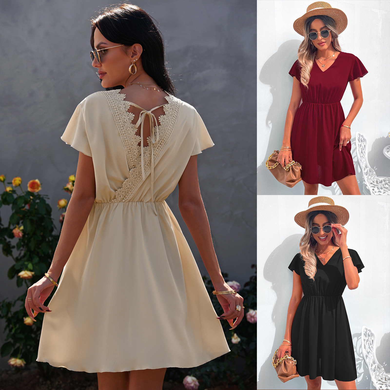V-neck lace chiffon dress