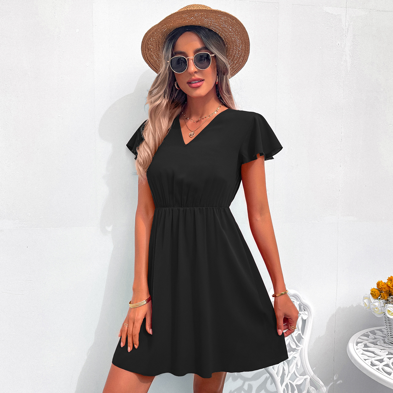 V-neck lace chiffon dress