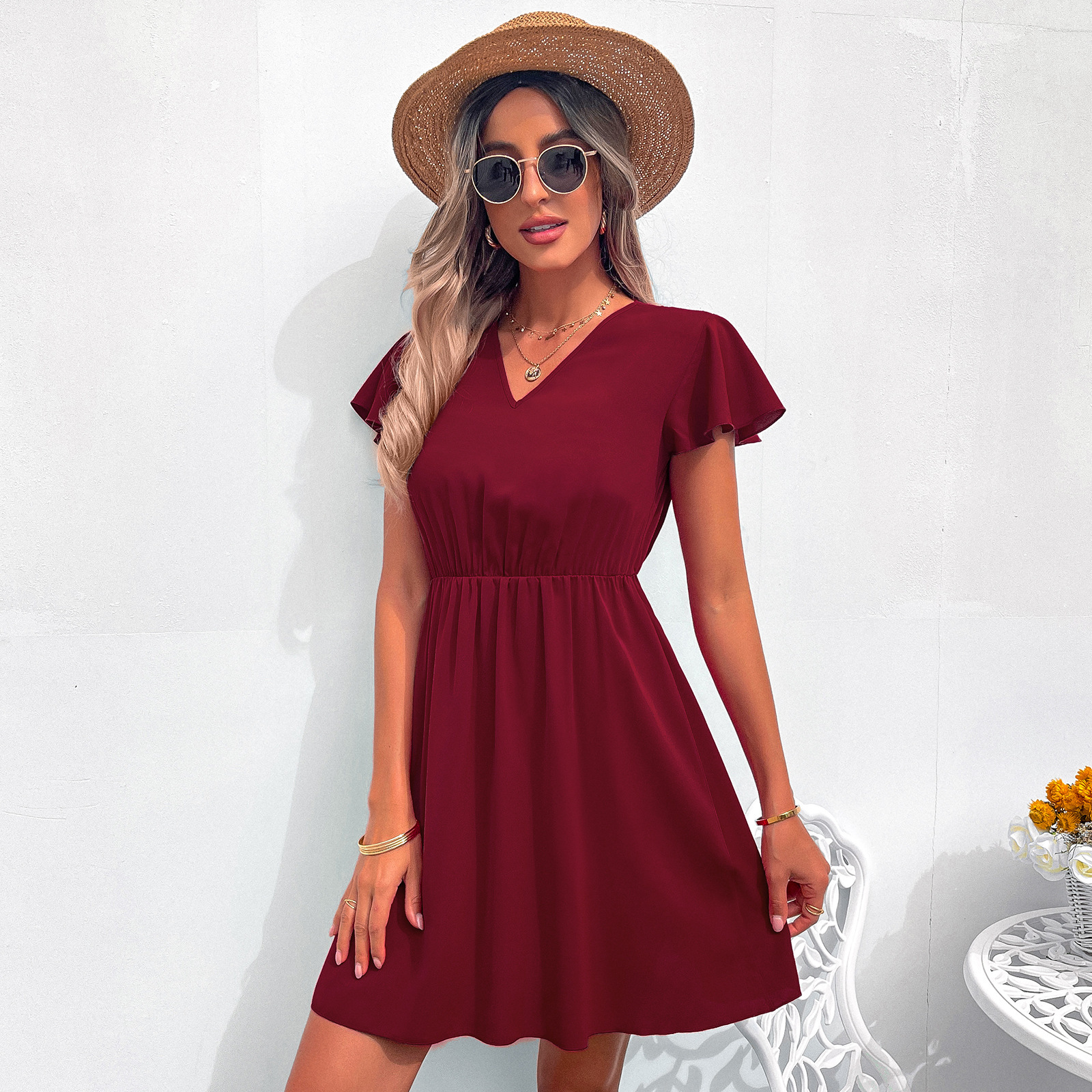 V-neck lace chiffon dress