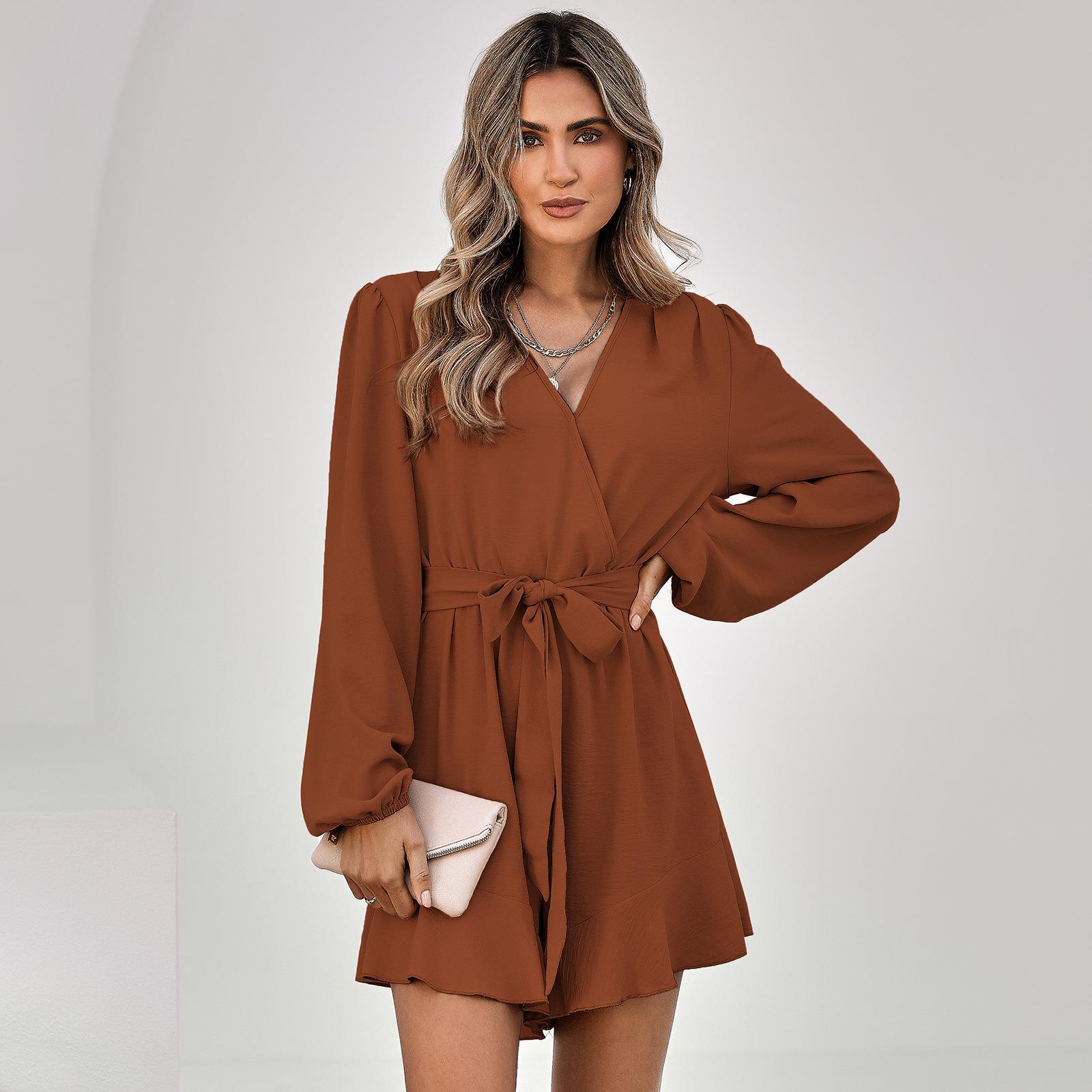 V-neck long-sleeve solid color casual jumpsuit