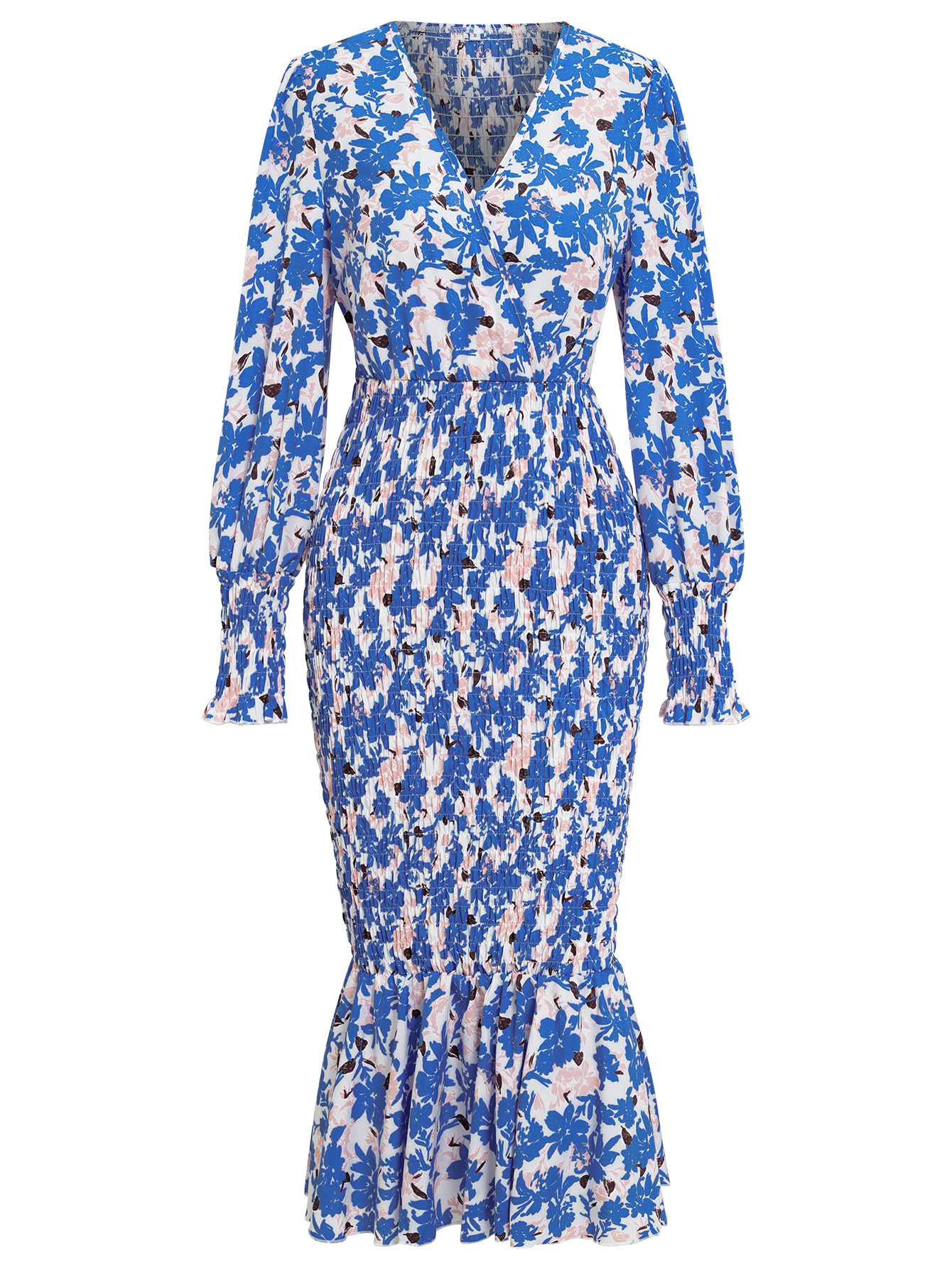 V-neck pleated printed maxi dress