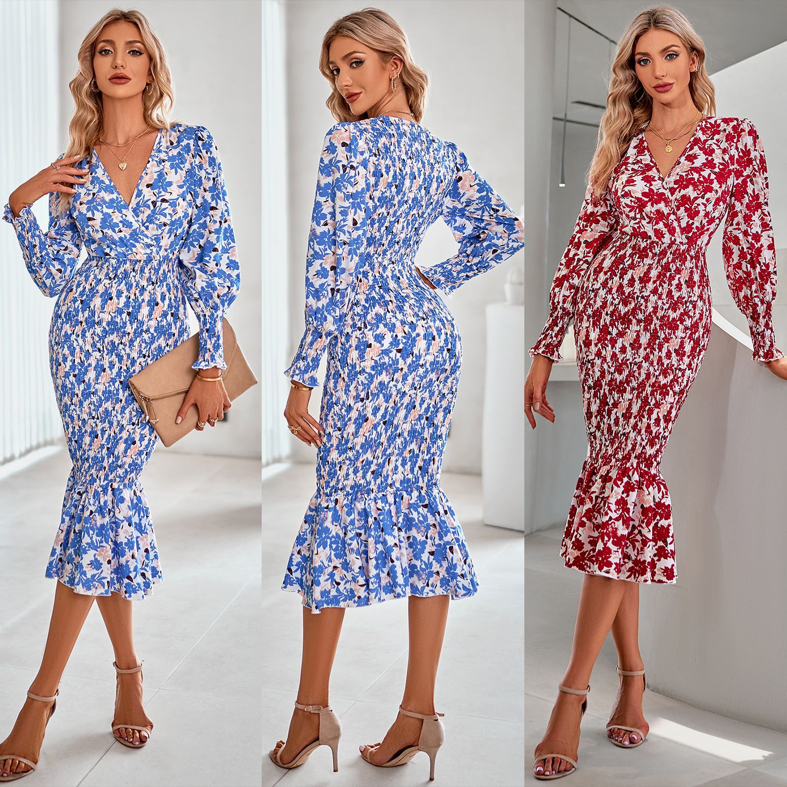 V-neck pleated printed maxi dress