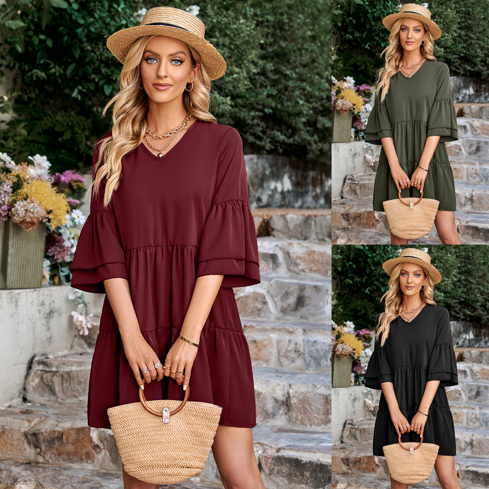 V-neck solid  loose dress