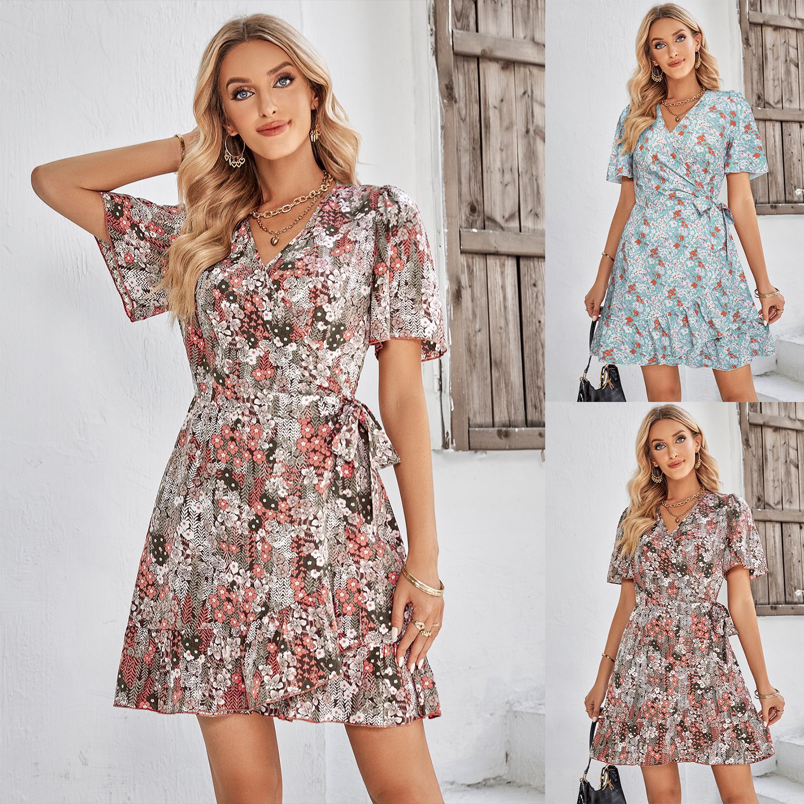 Waisted Printed Short Sleeve Dress