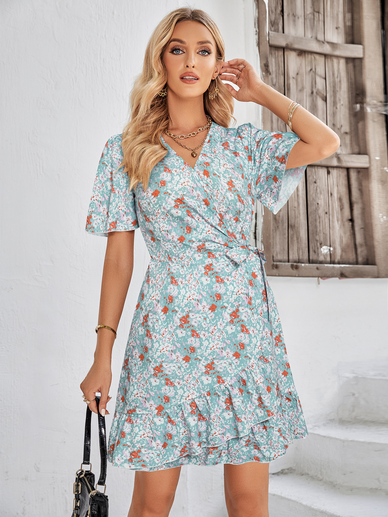 Waisted Printed Short Sleeve Dress