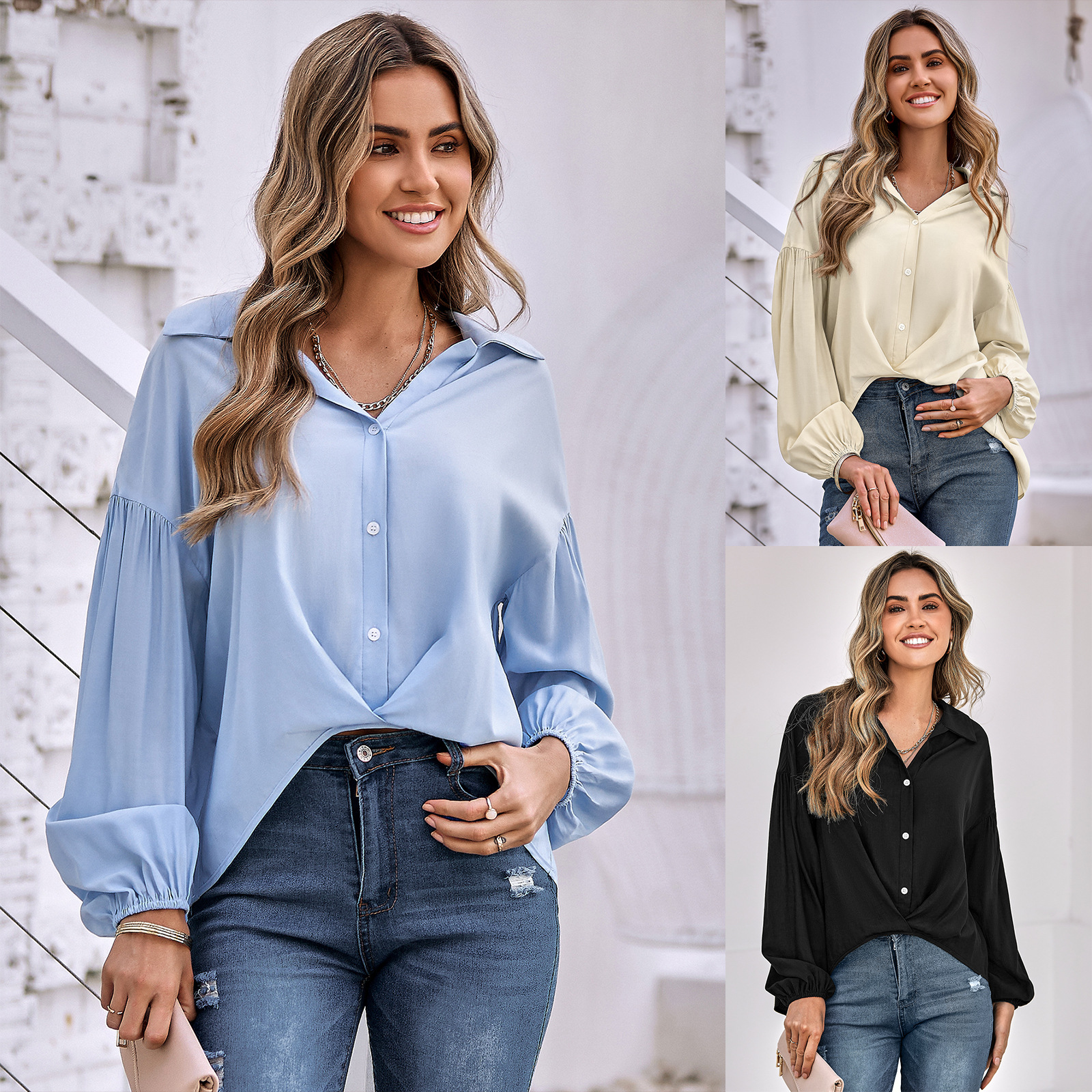 women's solid color lapel casual shirt