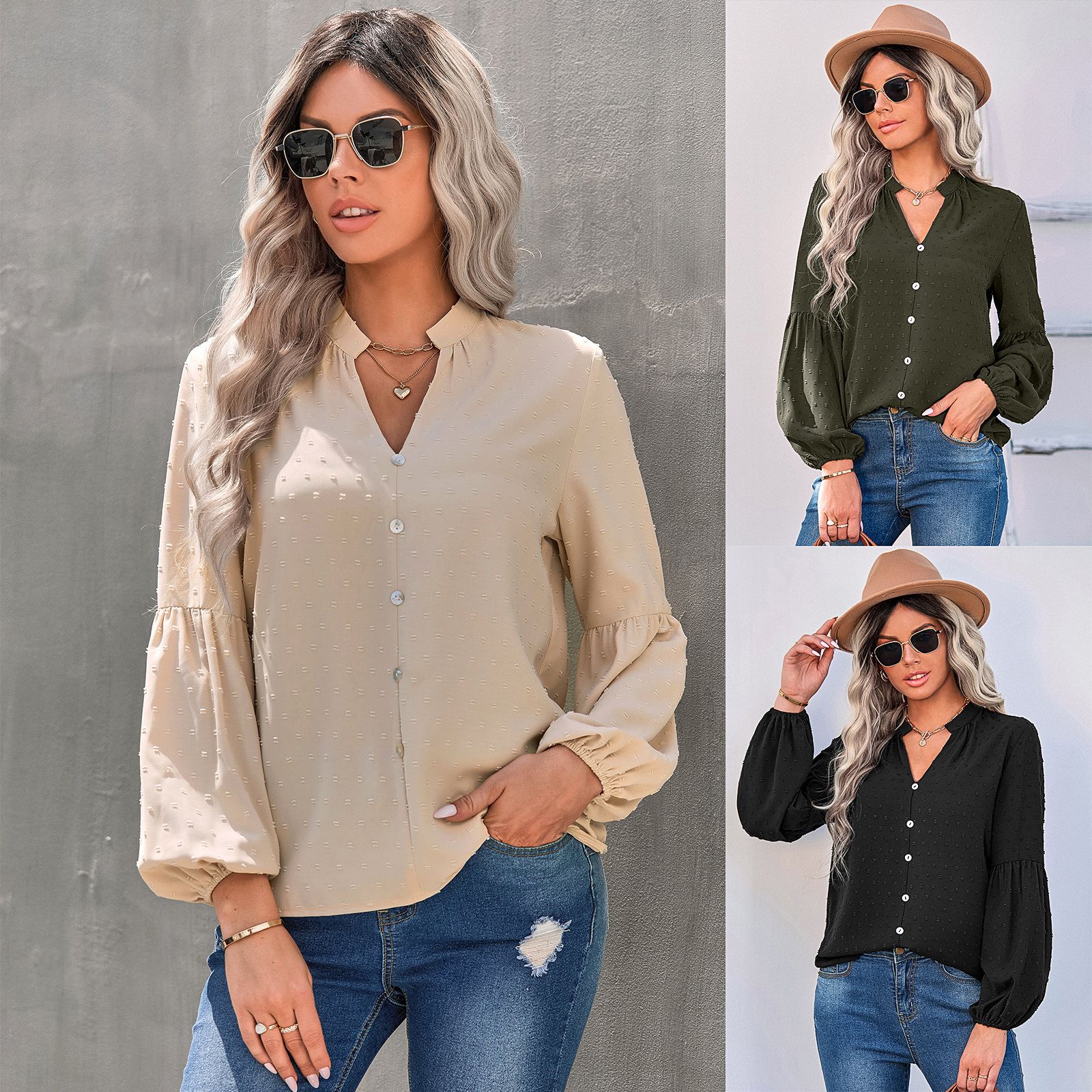 Long-sleeved polka-dot V-neck shirt