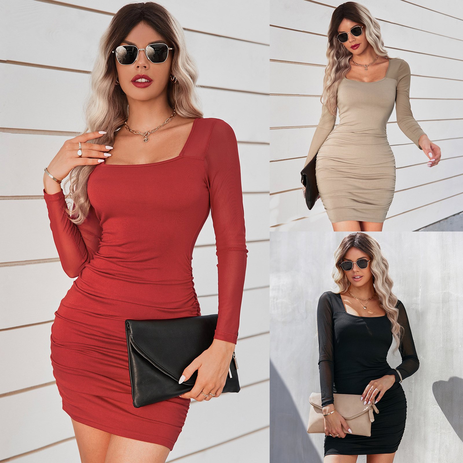 Square collar slim-fit bag buttock dress