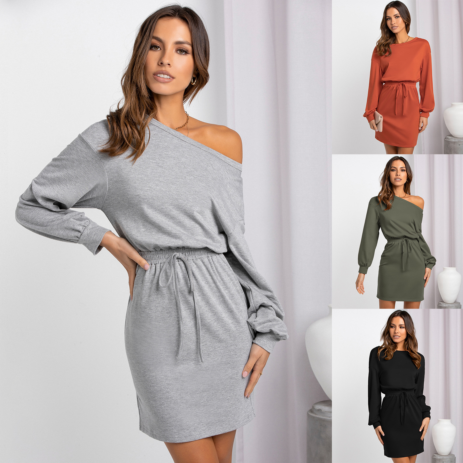 Two round neck dresses with sloping shoulders